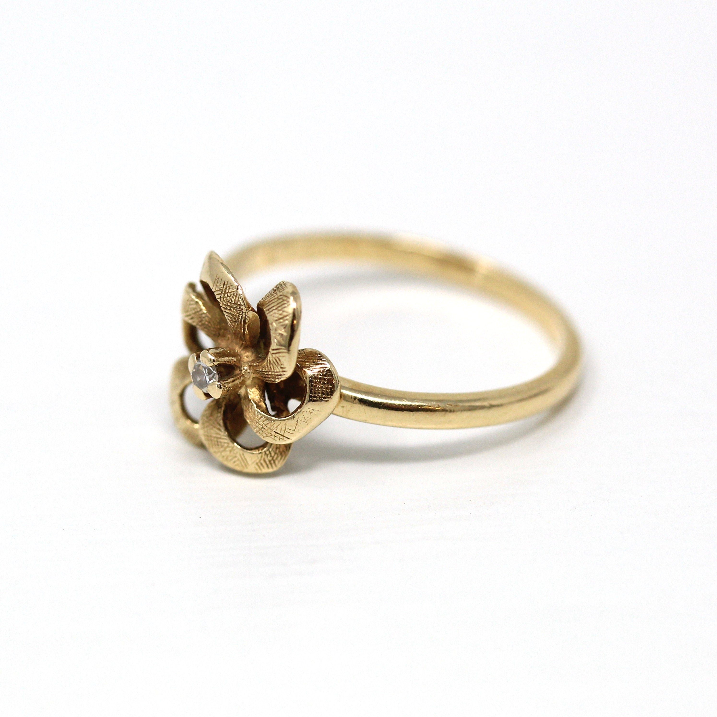 Diamond Flower Ring - Retro 14k Yellow Gold Round Faceted .02 CT Gem - Vintage Circa 1970s Era Size 6 April Birthstone Fine Floral Jewelry