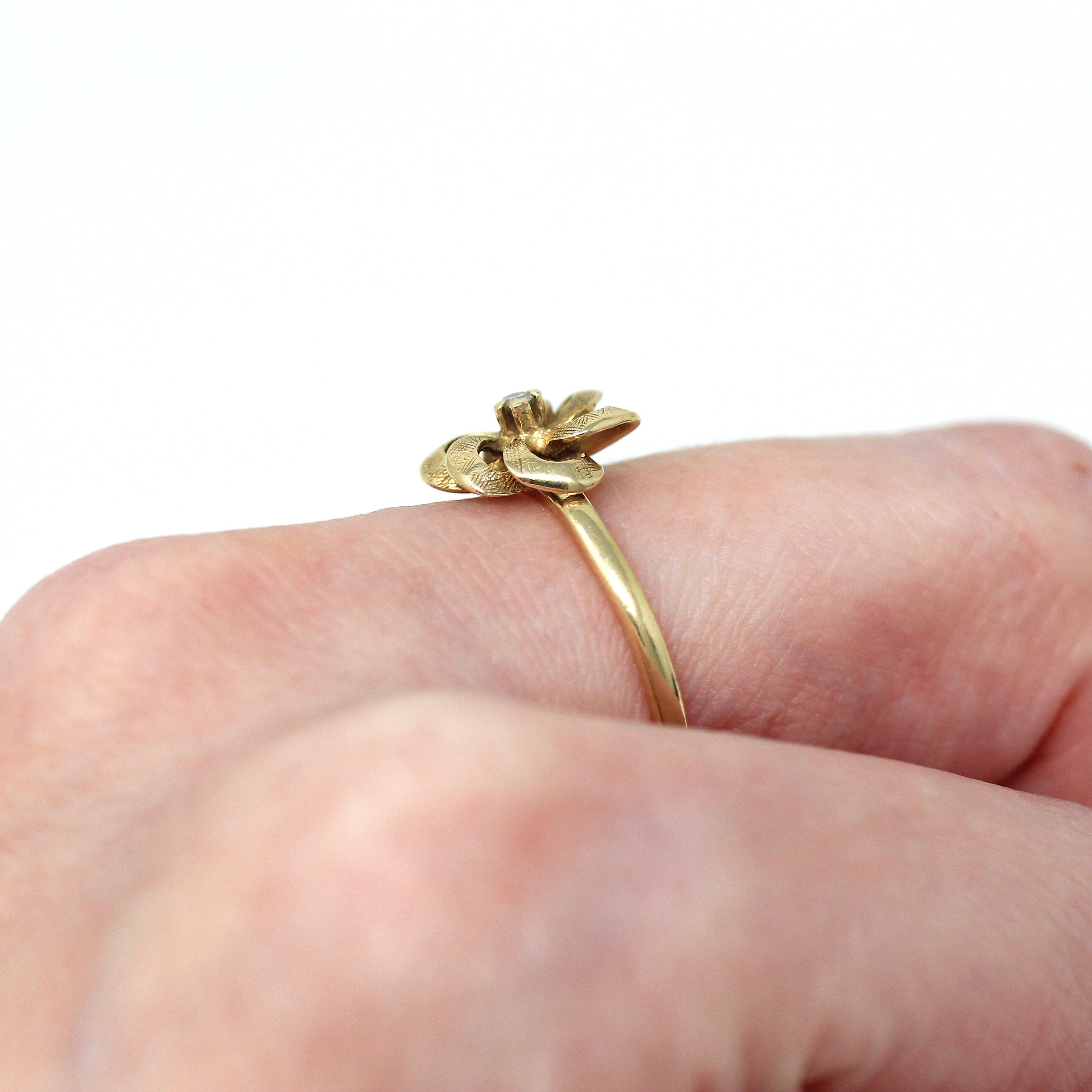 Diamond Flower Ring - Retro 14k Yellow Gold Round Faceted .02 CT Gem - Vintage Circa 1970s Era Size 6 April Birthstone Fine Floral Jewelry