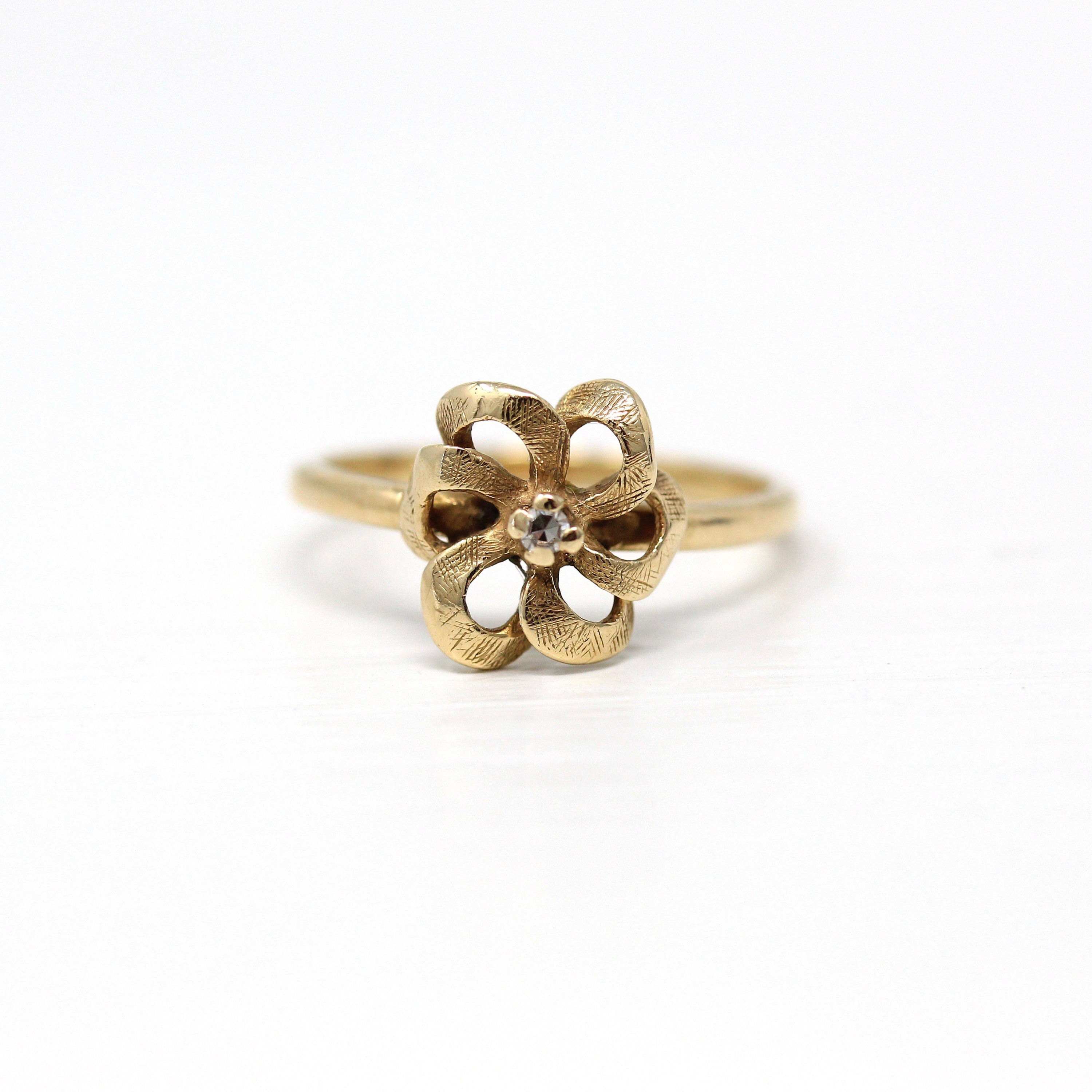 Diamond Flower Ring - Retro 14k Yellow Gold Round Faceted .02 CT Gem - Vintage Circa 1970s Era Size 6 April Birthstone Fine Floral Jewelry