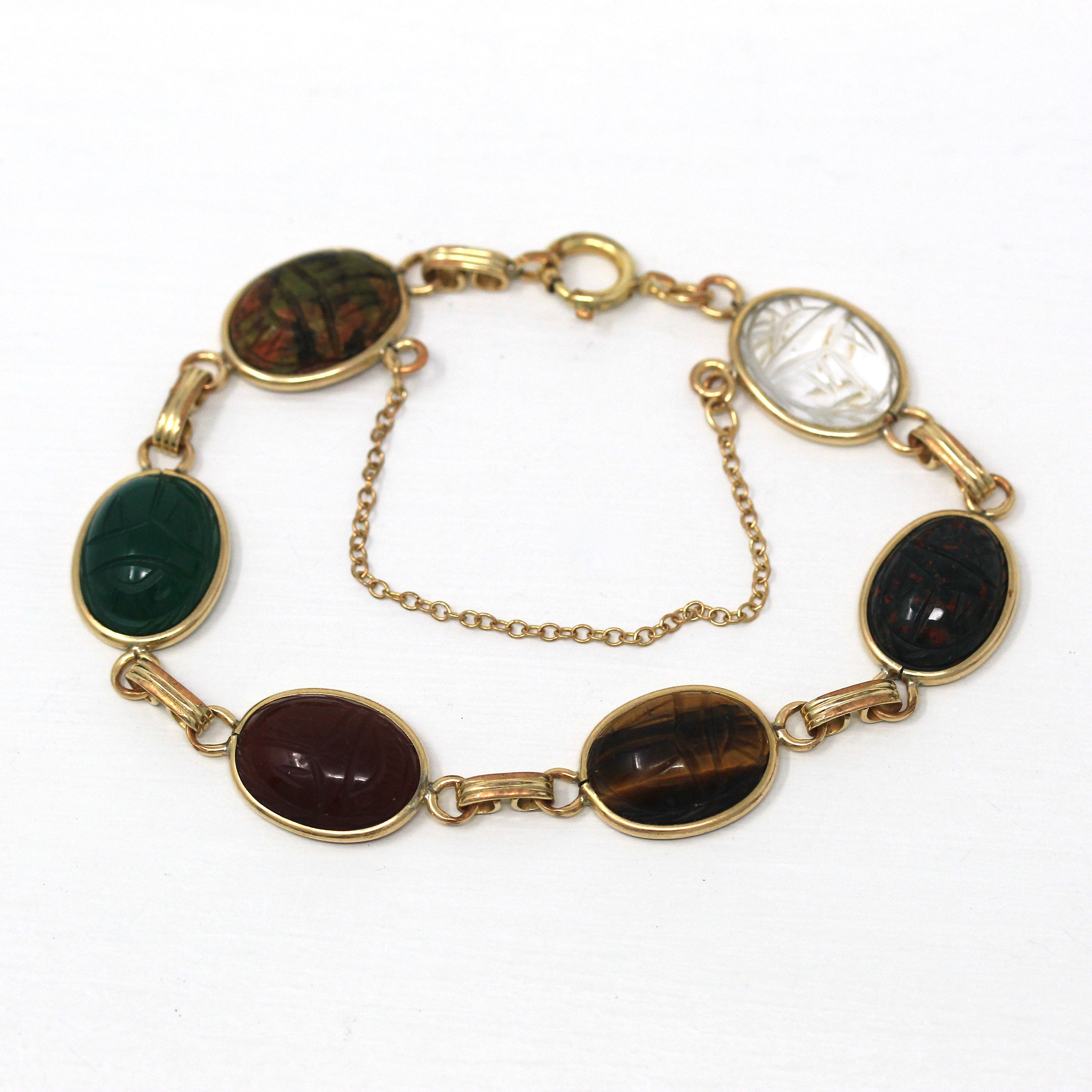 Vintage Scarab Bracelet - Retro 12k Yellow Gold Filled Carved Genuine Gemstones - Circa 1960s Era Egyptian Revival Style Bloodstone Jewelry