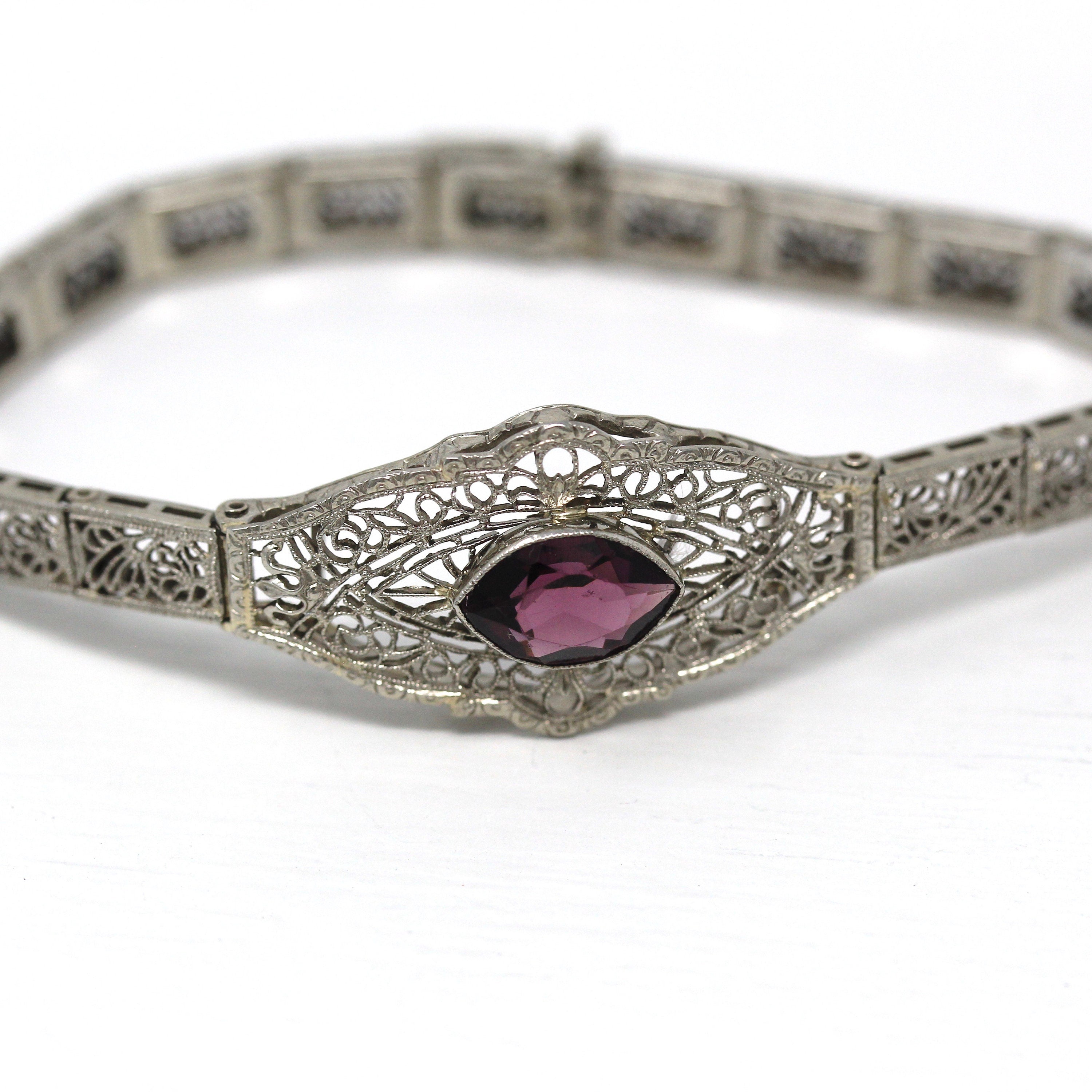 Art Deco Bracelet - Antique 10k White Gold Filigree Simulated Amethyst Purple Glass Stone - Vintage Circa 1920s Era Wedding Fine 20s Jewelry