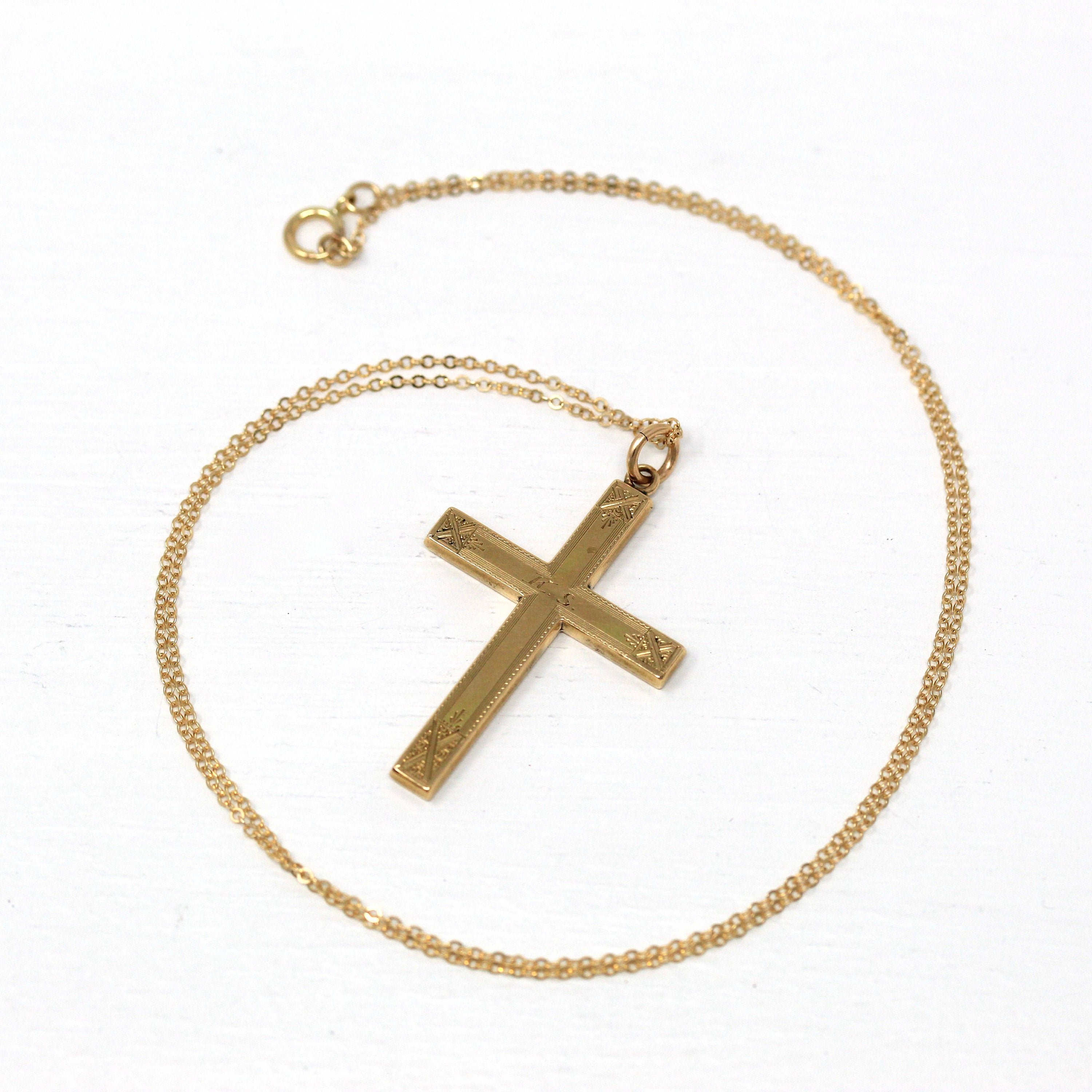 Vintage Cross Necklace - Retro Gold Filled Engraved Initials "K.S." Designs Pendant Charm - Circa 1940s Era Religious Faith 40s Jewelry