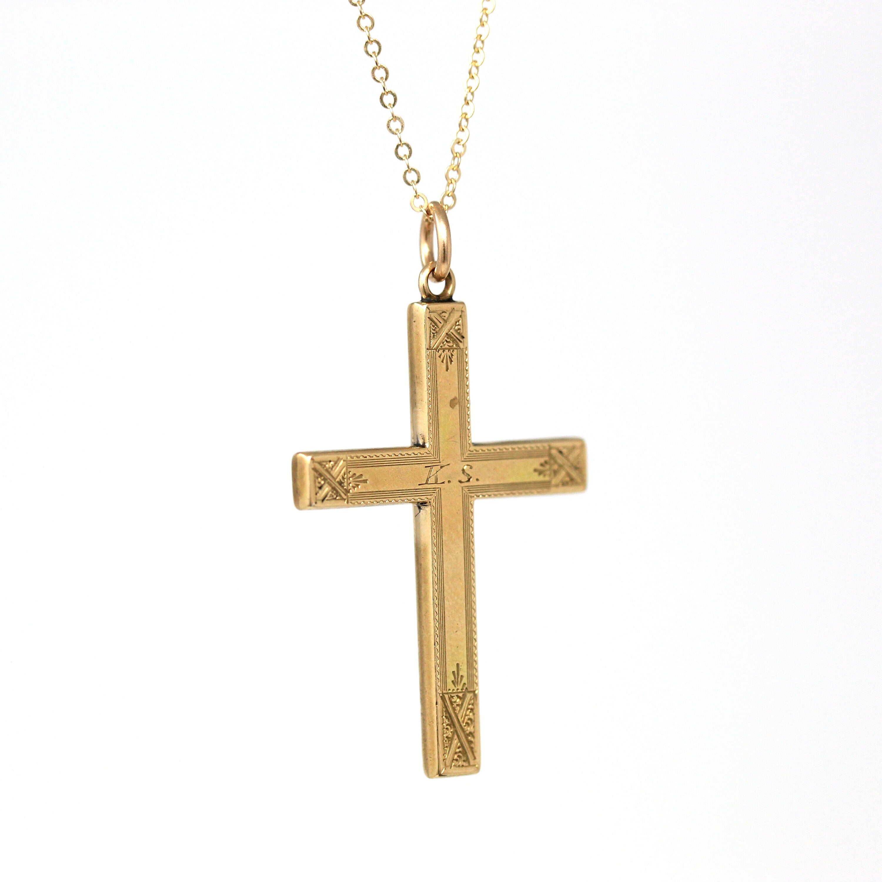 Vintage Cross Necklace - Retro Gold Filled Engraved Initials "K.S." Designs Pendant Charm - Circa 1940s Era Religious Faith 40s Jewelry