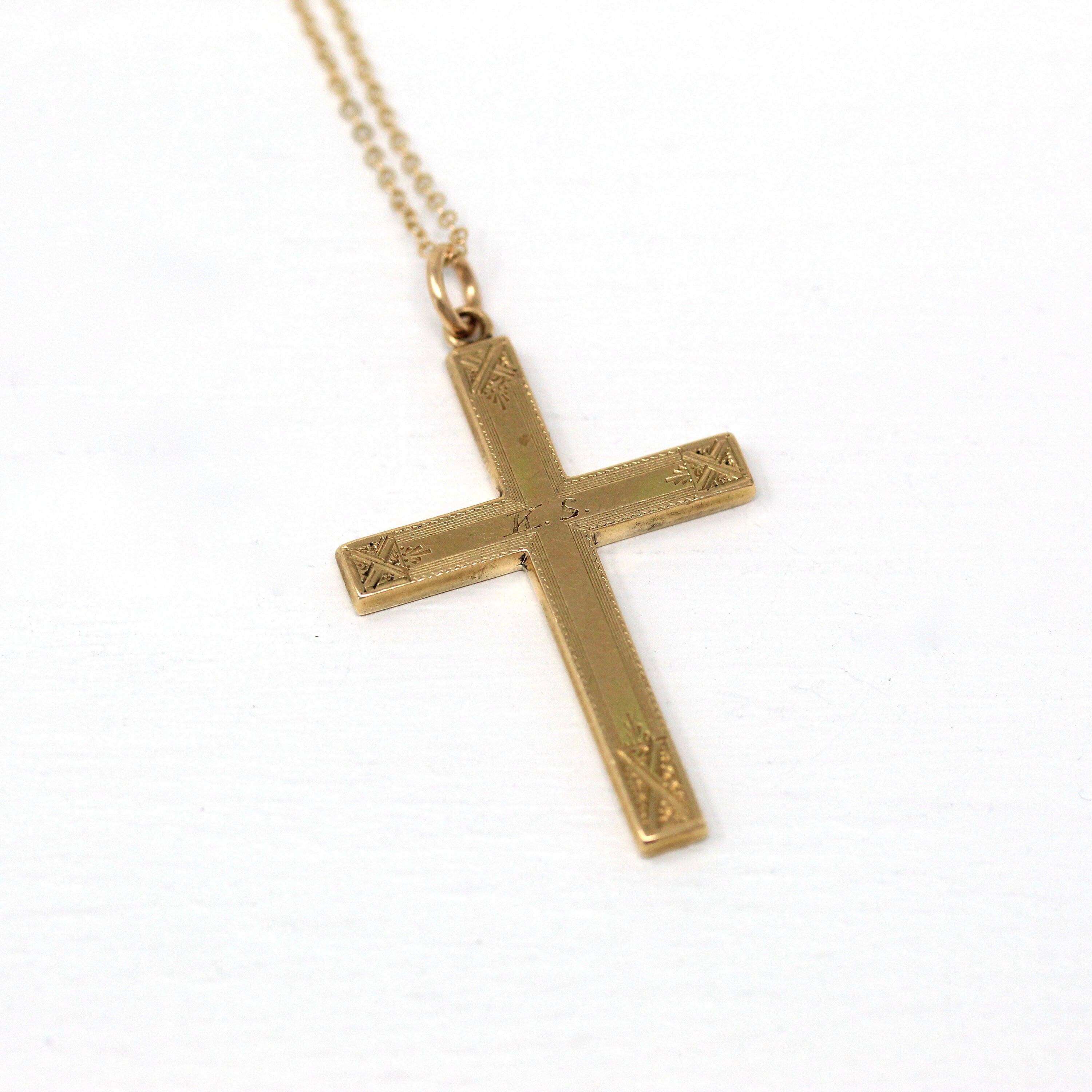 Vintage Cross Necklace - Retro Gold Filled Engraved Initials "K.S." Designs Pendant Charm - Circa 1940s Era Religious Faith 40s Jewelry