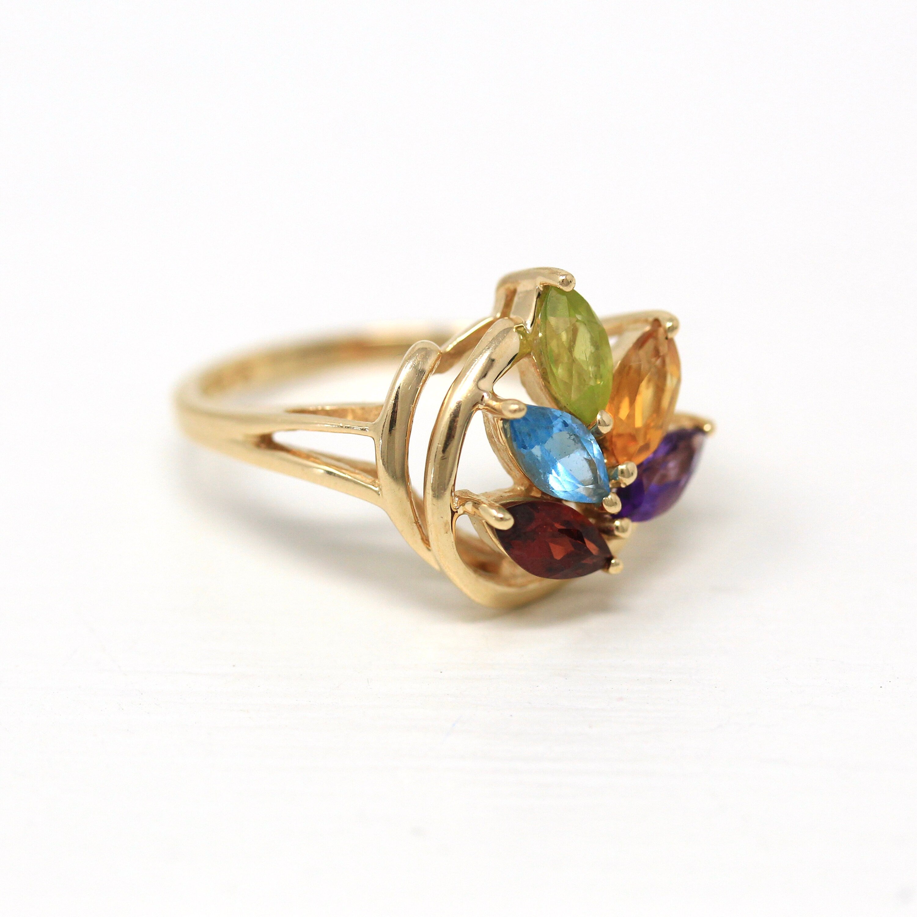 Rainbow Gemstone Ring - Modern 10k Yellow Gold Genuine CT Multi Color Gems - Estate 2000s Size 6 Fine Citrine Topaz Garnet Peridot Jewelry