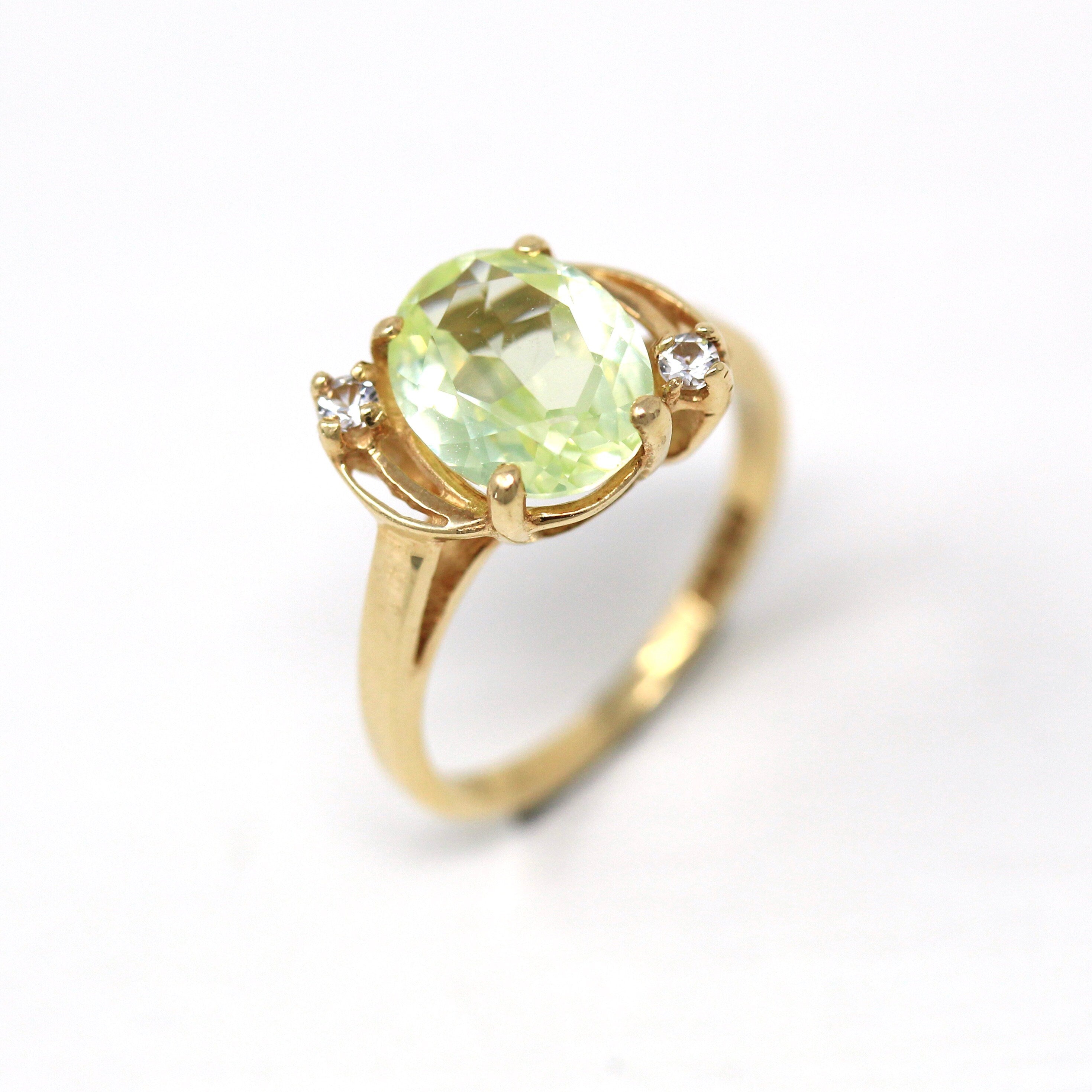 Created Spinel Ring - Retro 10k Yellow Gold Oval Cut Chartreuse Green Statement - Vintage Circa 1940s Size 5 3/4 Unique Fine Jewelry