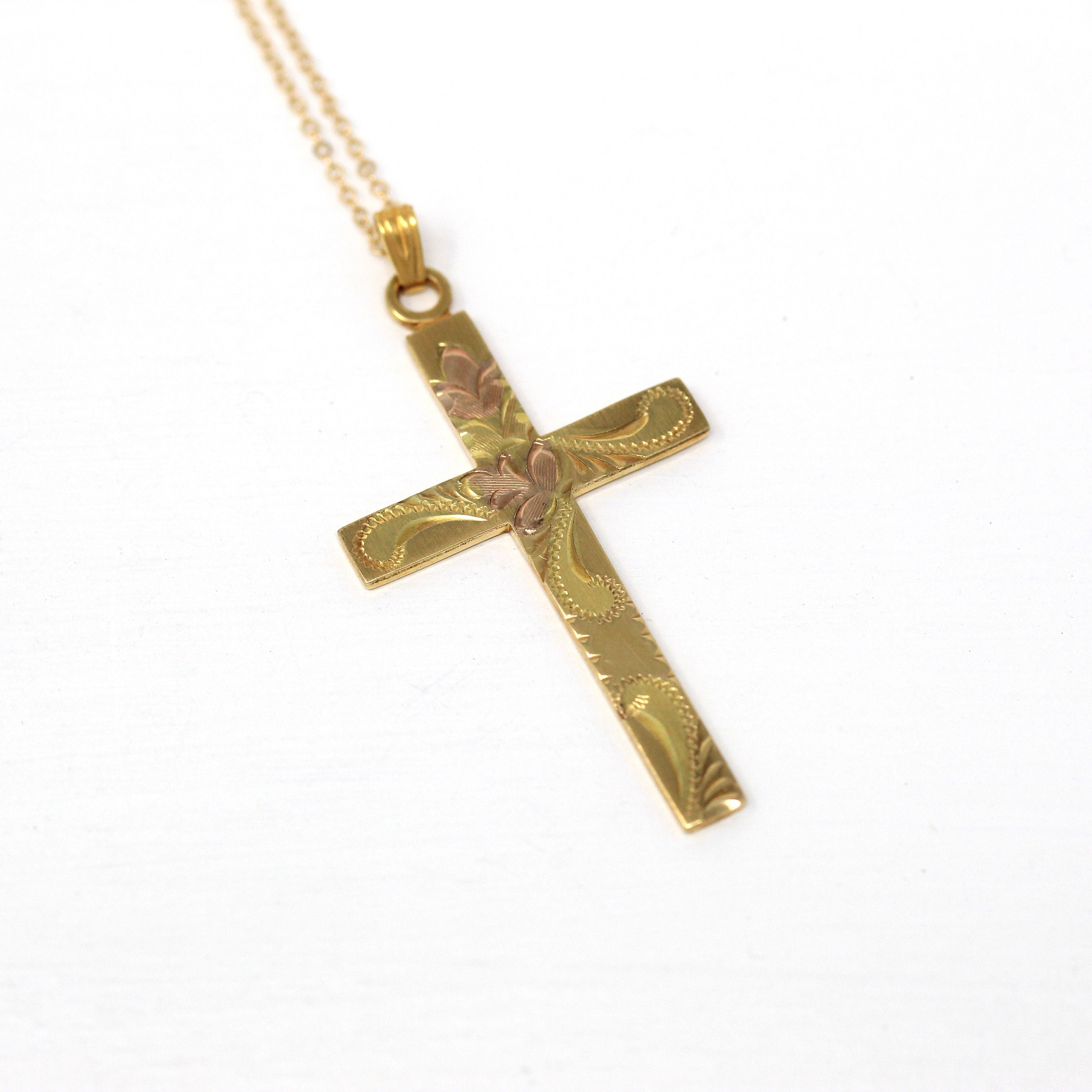 Vintage Cross Necklace - Retro 12k Gold Filled Engraved Flowers Pendant Charm - Circa 1940s Era Religious Faith Statement Signed HFB Jewelry