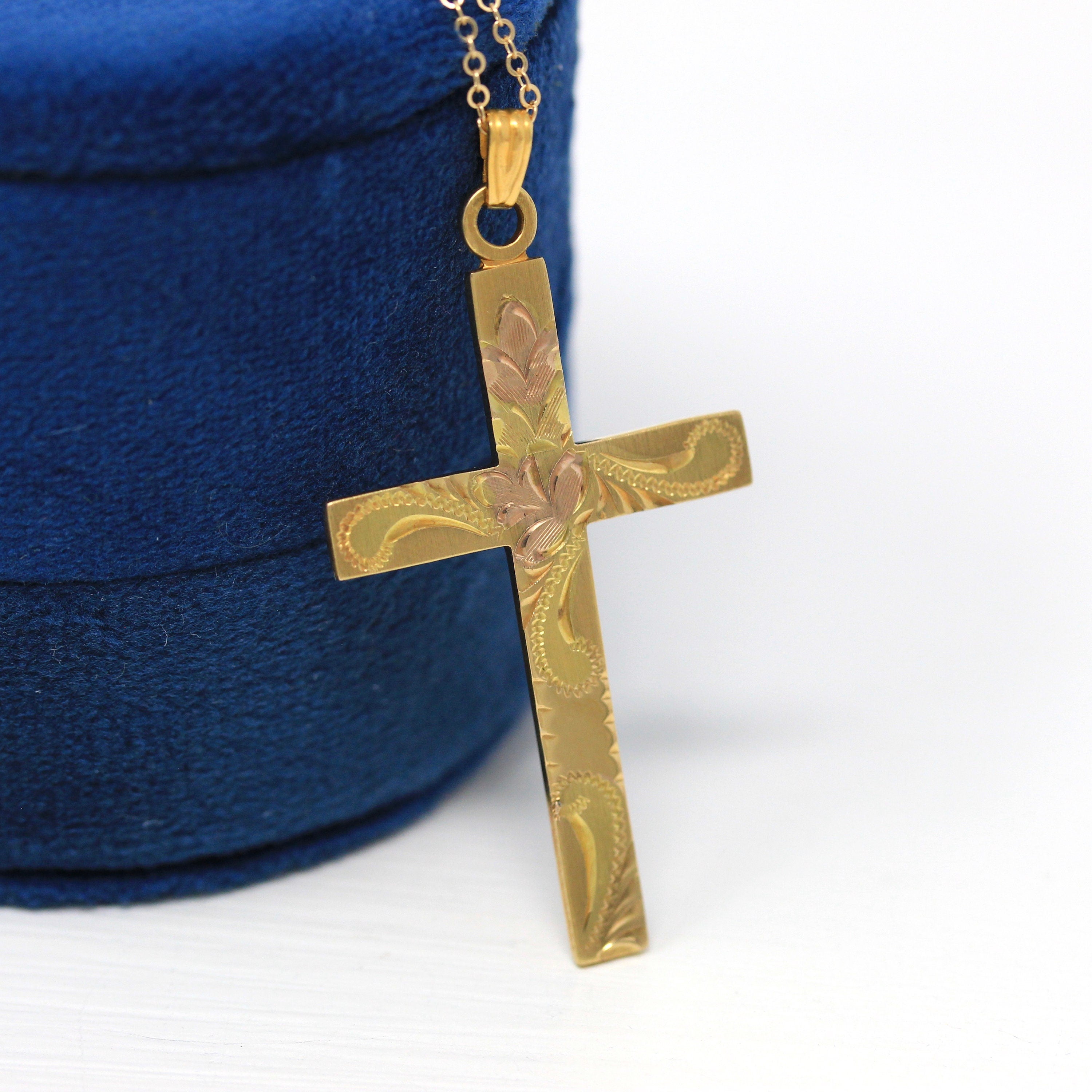 Sale Vintage Cross Necklace Retro 12k Gold Filled Engraved Flowers Pendant Circa 1940s Religious Faith Statement Signed HFB Jewelry