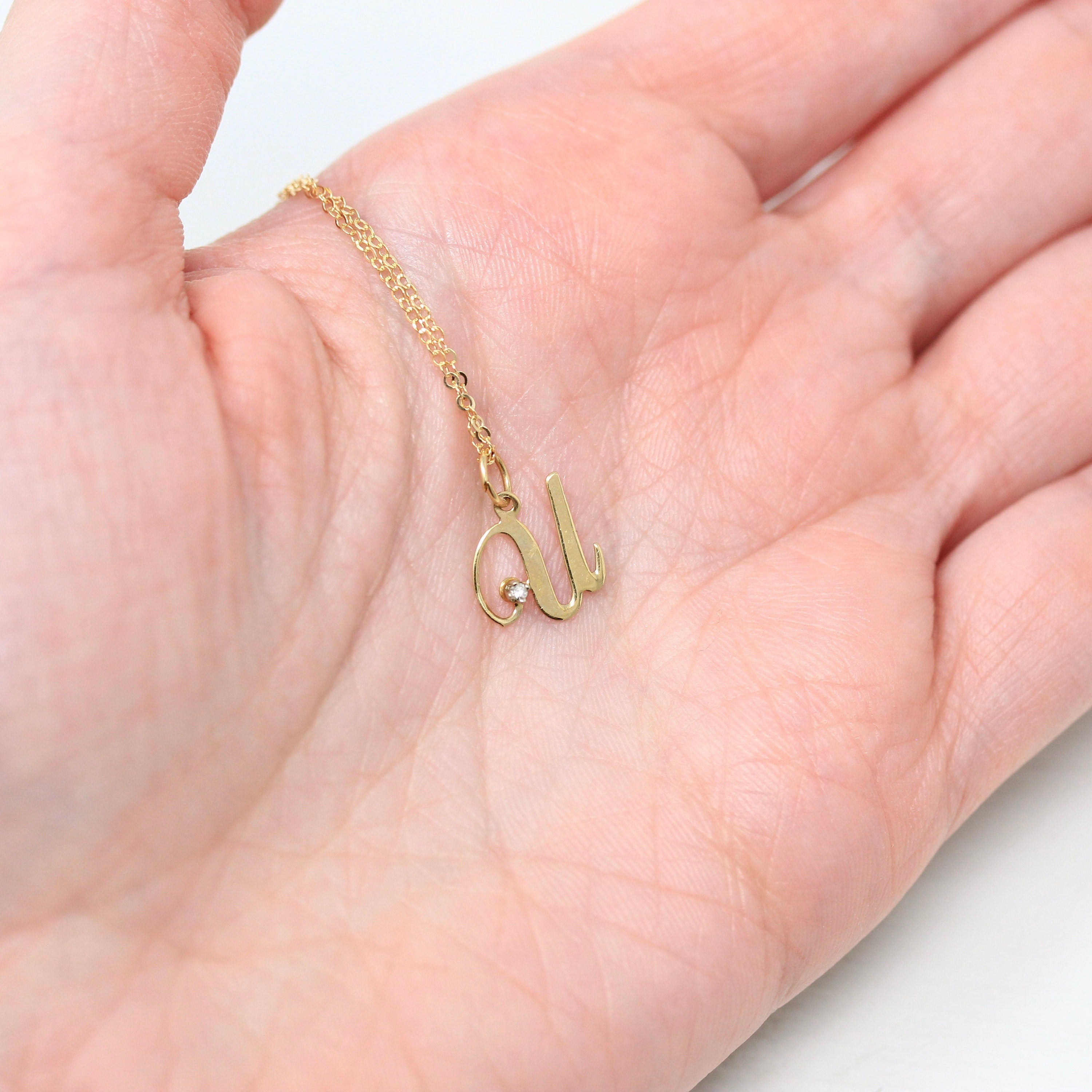 Sale Letter U Charm Estate 14K Yellow Gold Diamond Initial Pendant Necklace Vintage Circa 1990s Personalized New Old Stock Jewelry Add 16 GF