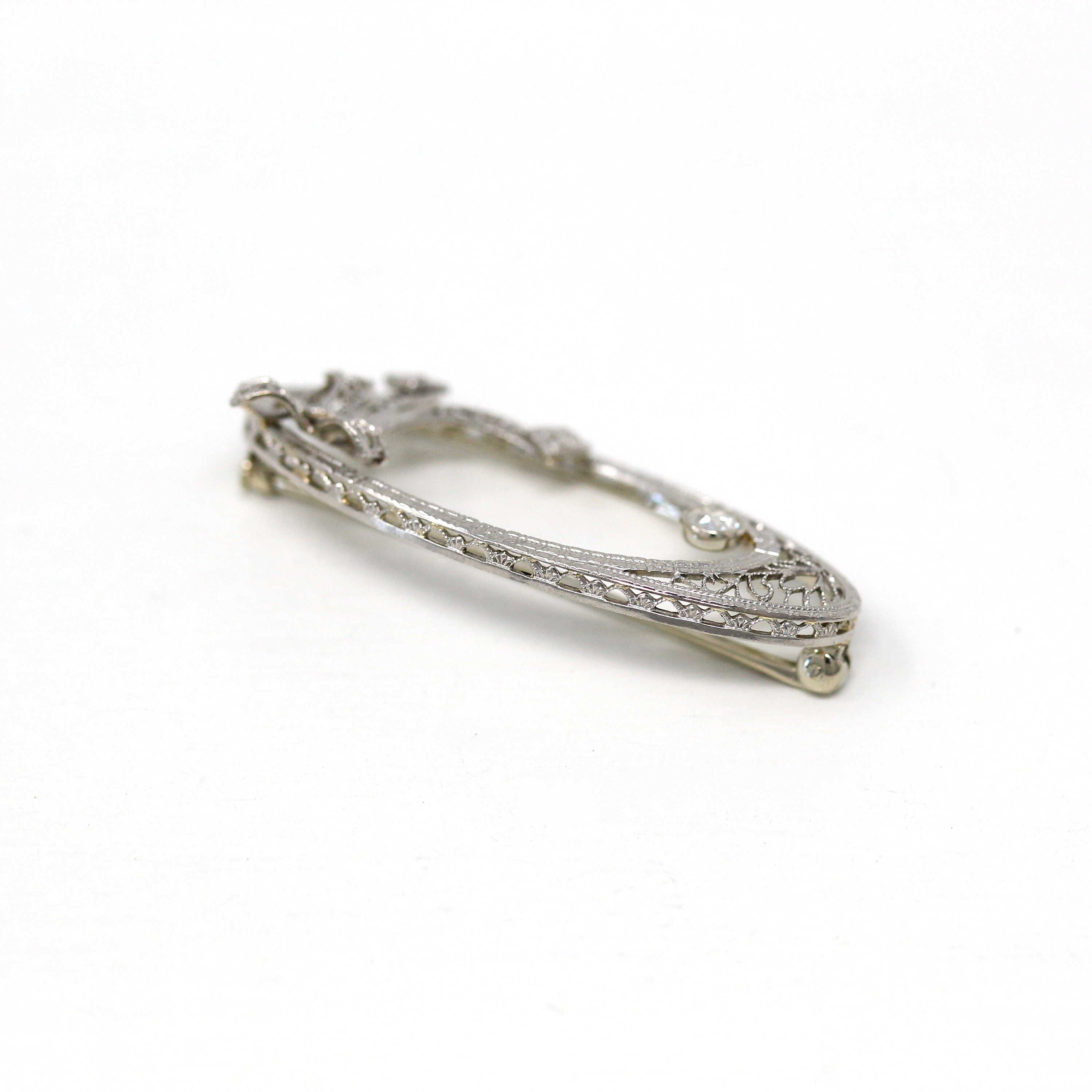 Antique Bow Brooch - Art Deco 14k White Gold Old Cut .12 CTW Diamonds Filigree Ribbon Pin - Vintage Circa 1920s Era Oval Fine 20s Jewelry