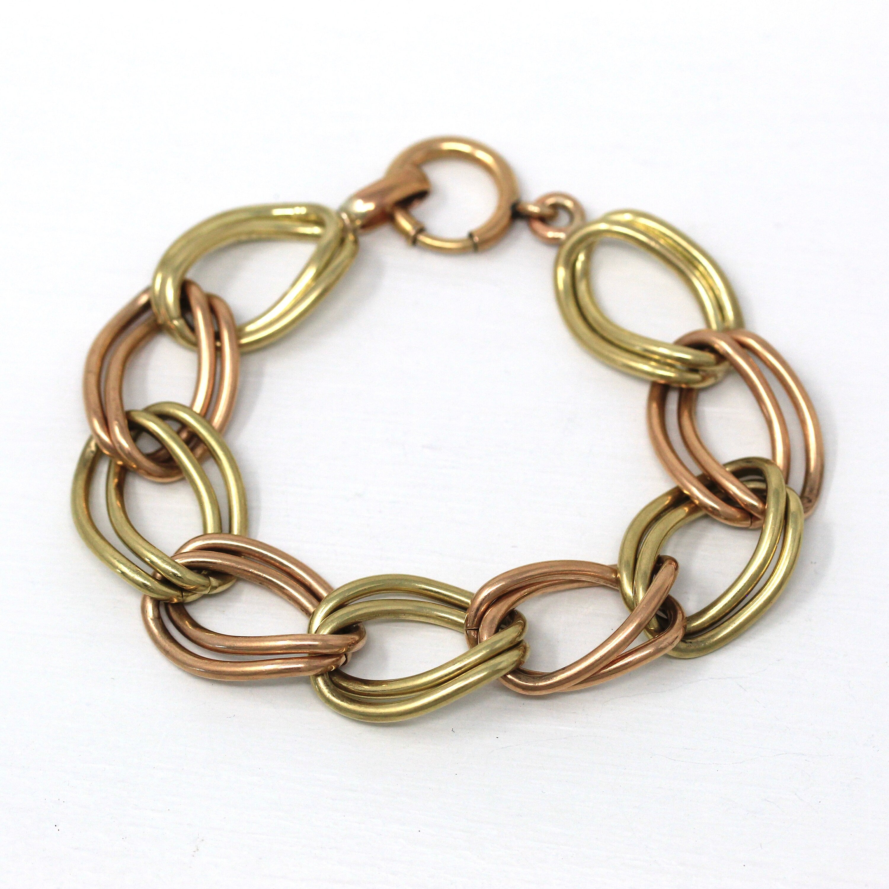 Vintage Chunky Bracelet - Retro 12k Yellow & Rose Gold Filled Two Tone Link - Circa 1940s Era Statement Fashion Accessory 7.5 Inch Jewelry