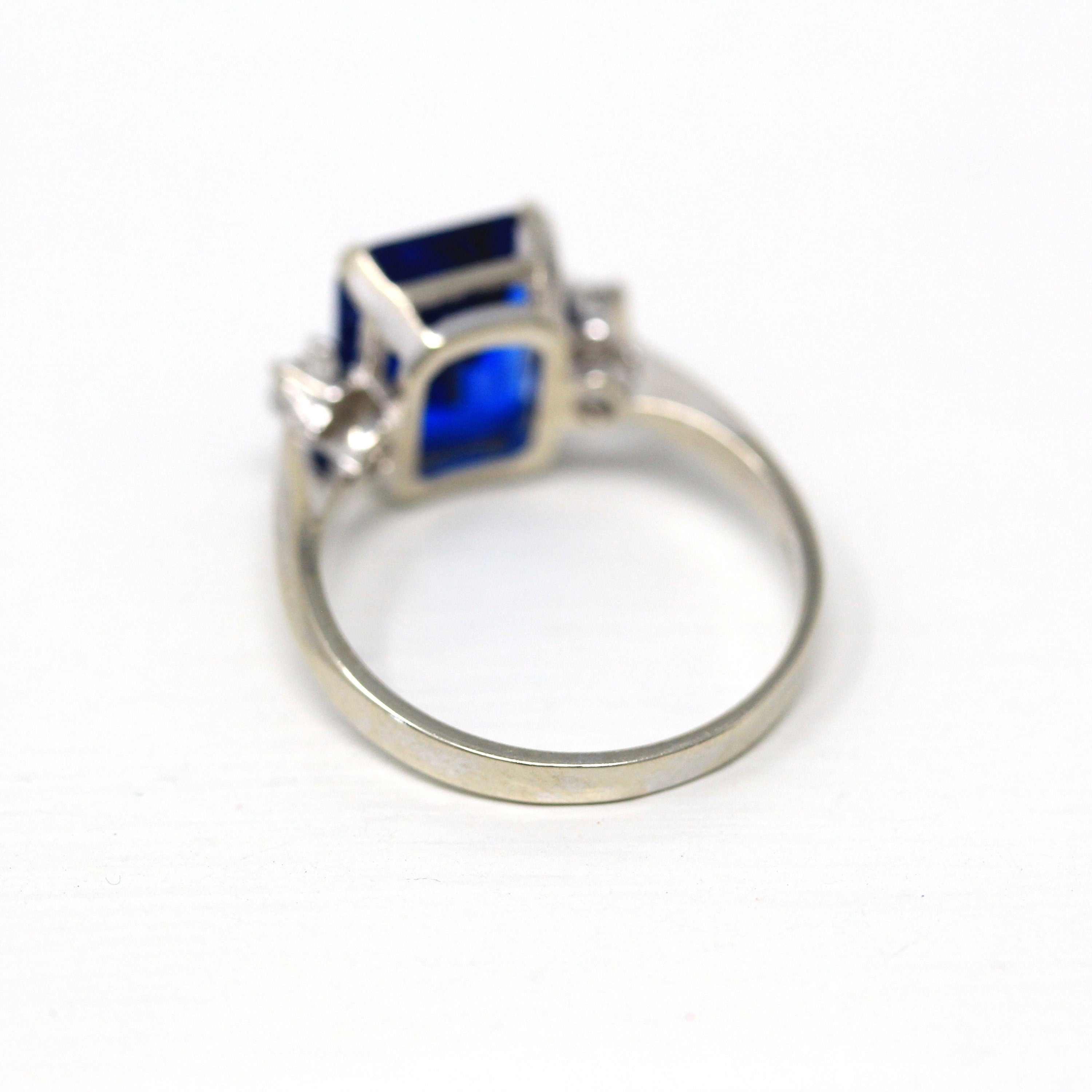 Three Stone Ring - Retro 14k White Gold Rectangular Faceted 3.69 CT Blue Stone - Vintage 1960s Era Size 6.5 Created Spinel Fine 60s Jewelry