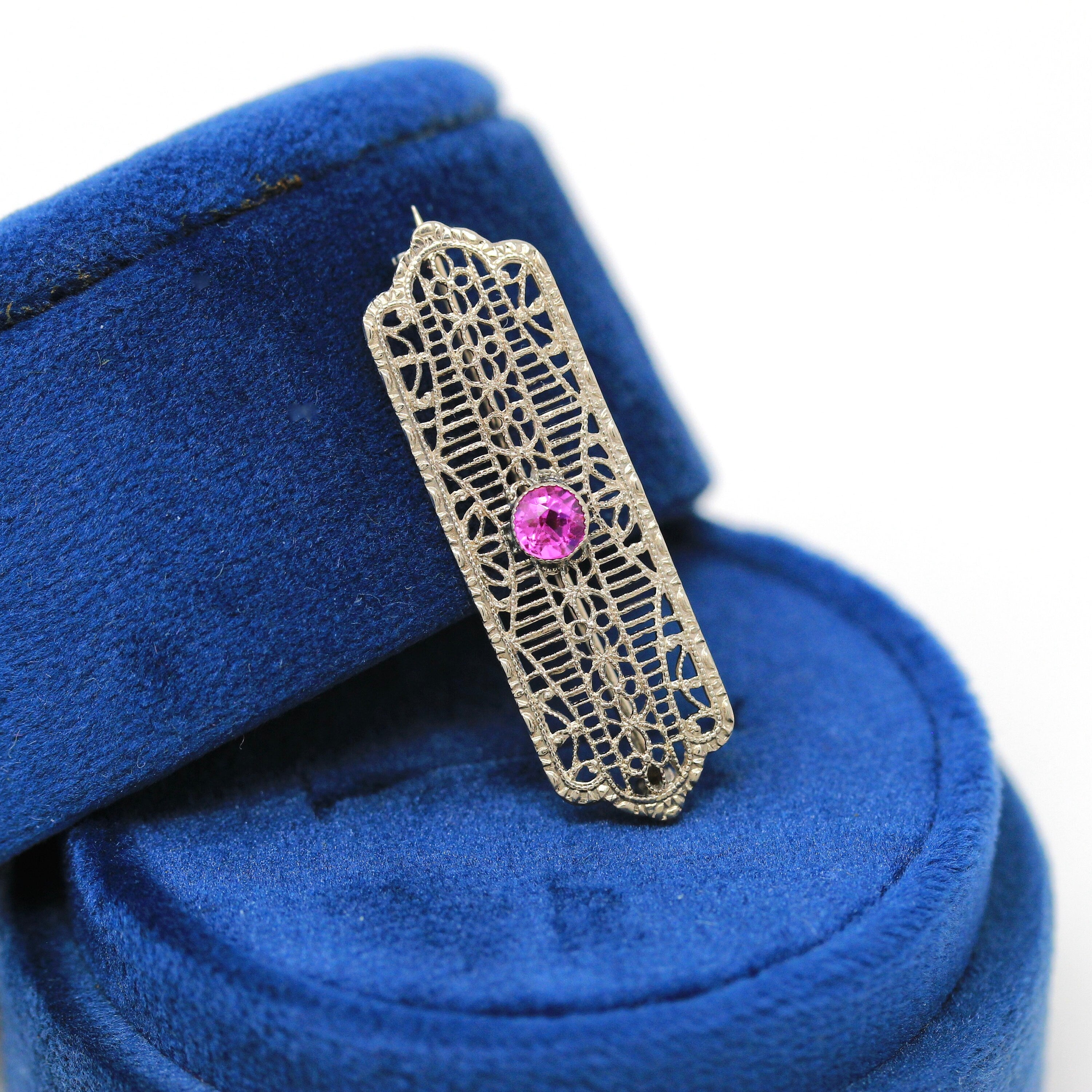 Sale - Art Deco Brooch - Vintage 10k White Gold Created Pink Sapphire .33 CT Stone Pin - Circa 1930s Era Filigree Fashion Accessory Jewelry