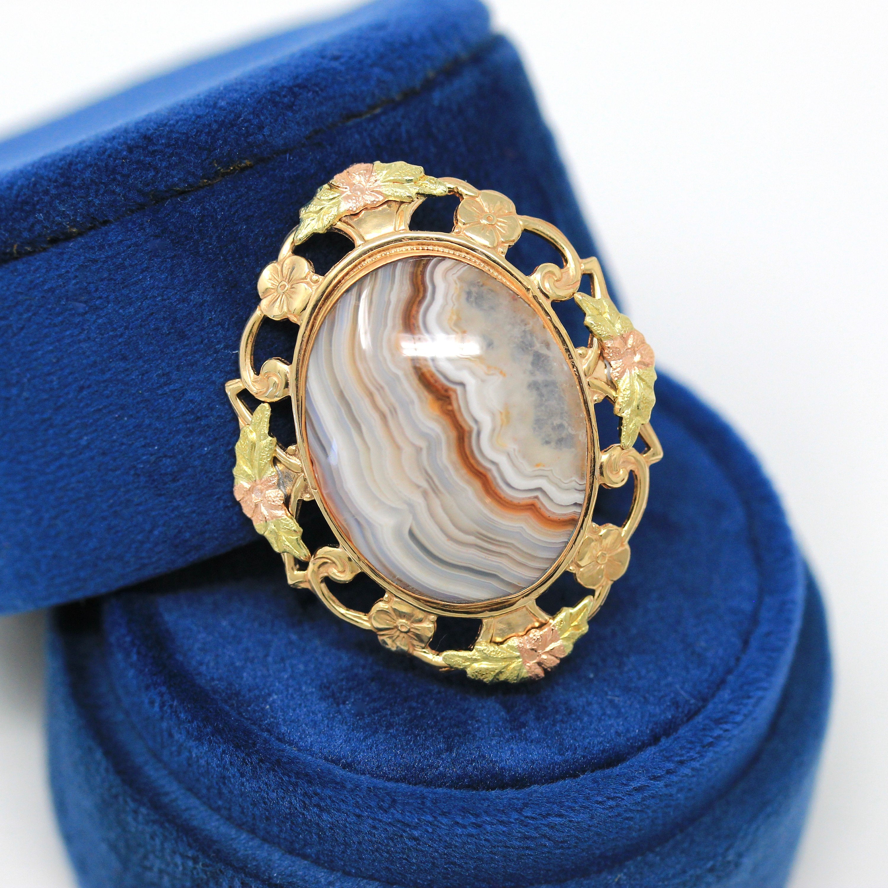 Sale - Genuine Agate Brooch - 12k Yellow Gold Filled Oval Cabochon Banded 16.87 CT Gem Statement - Circa 1940s Era Gemstone Flower Jewelry