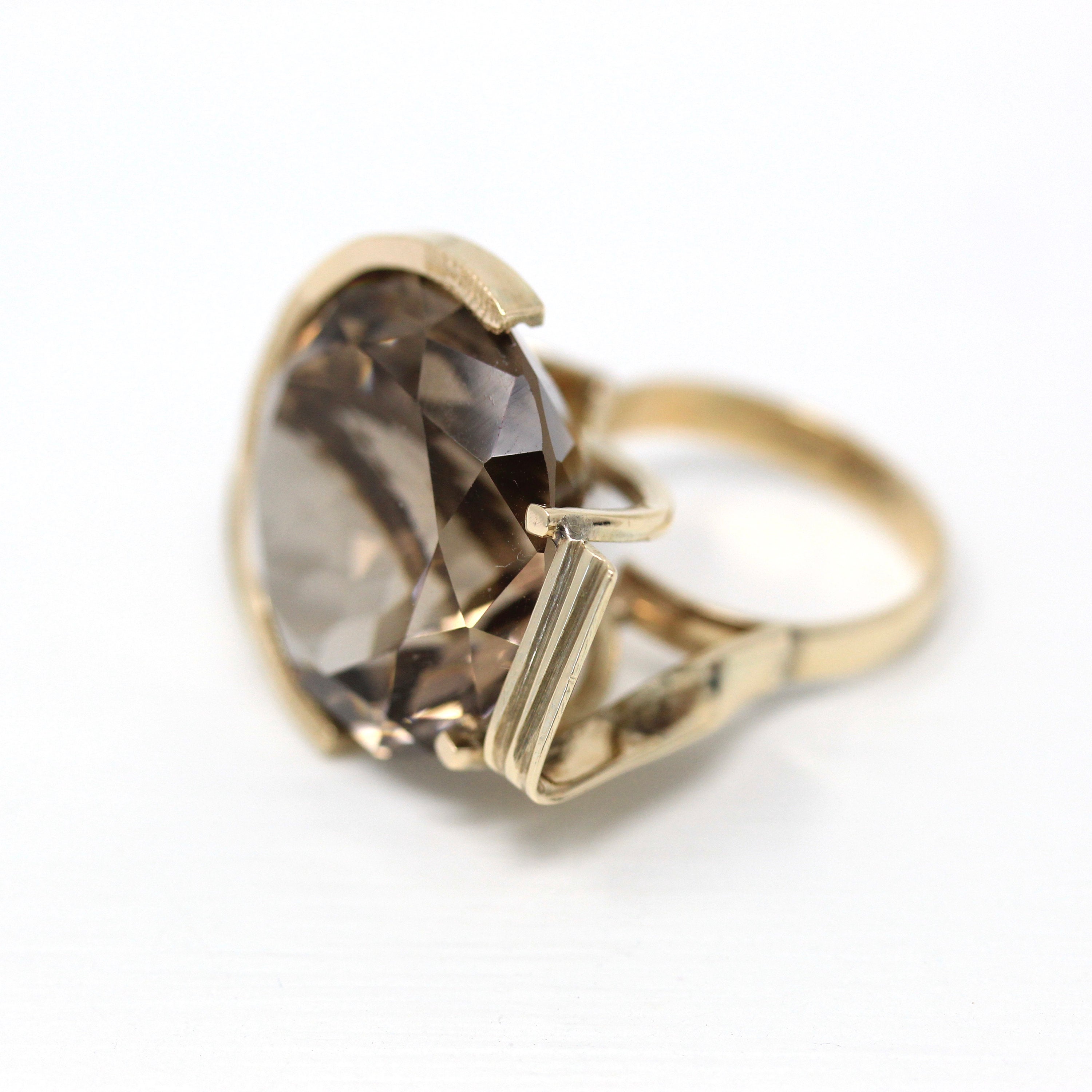 Sale - Smoky Quartz Ring - Modernist Style 14k Yellow Gold Faceted 30.64 CT Brown Gem - Vintage Circa 1980s Size 5 1/4 Statement 80s Jewelry