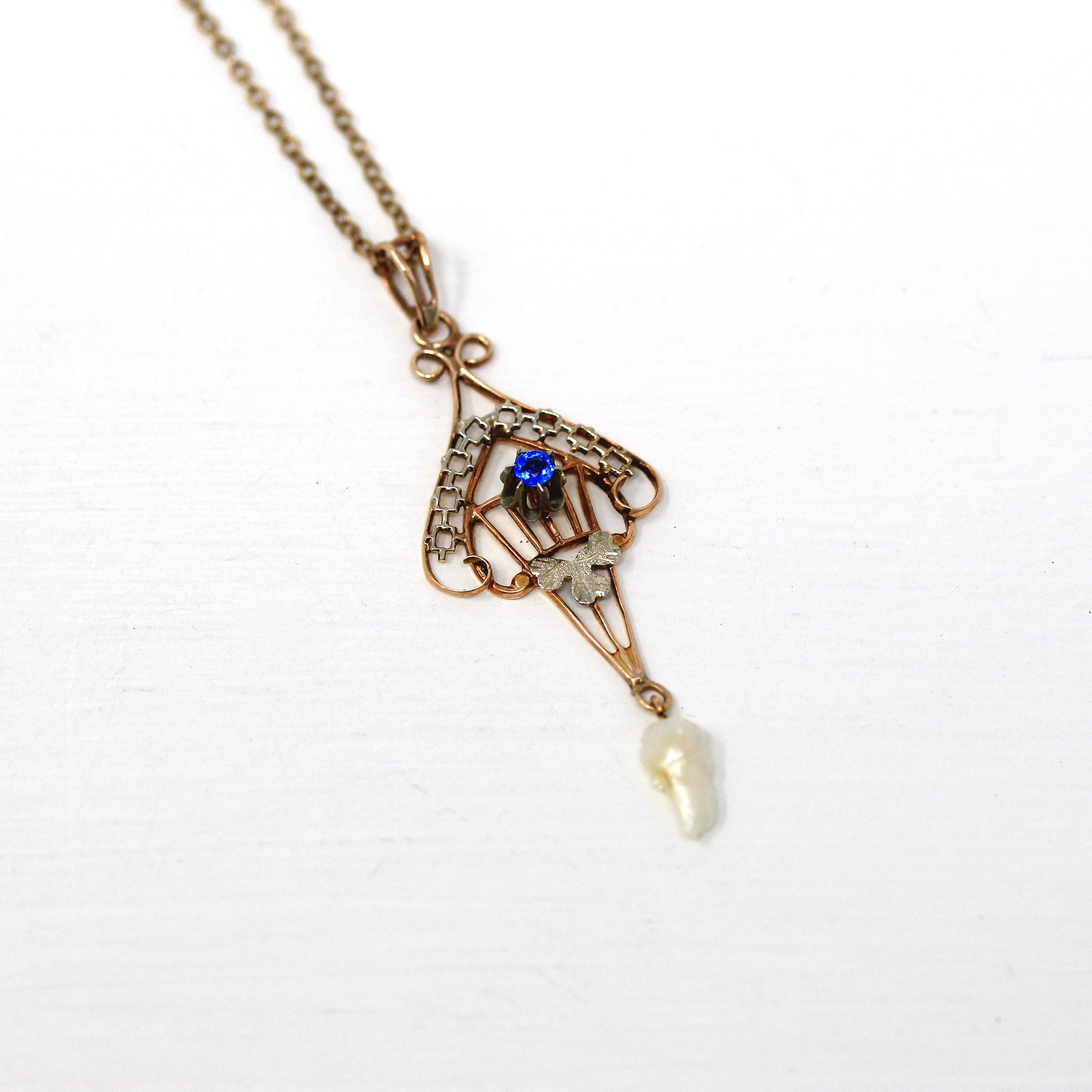 Sale - Antique Lavalier Necklace - Edwardian 10k Yellow Gold Baroque Pearl Pendant - Circa 1910s Simulated Sapphire Blue Glass Fine Jewelry