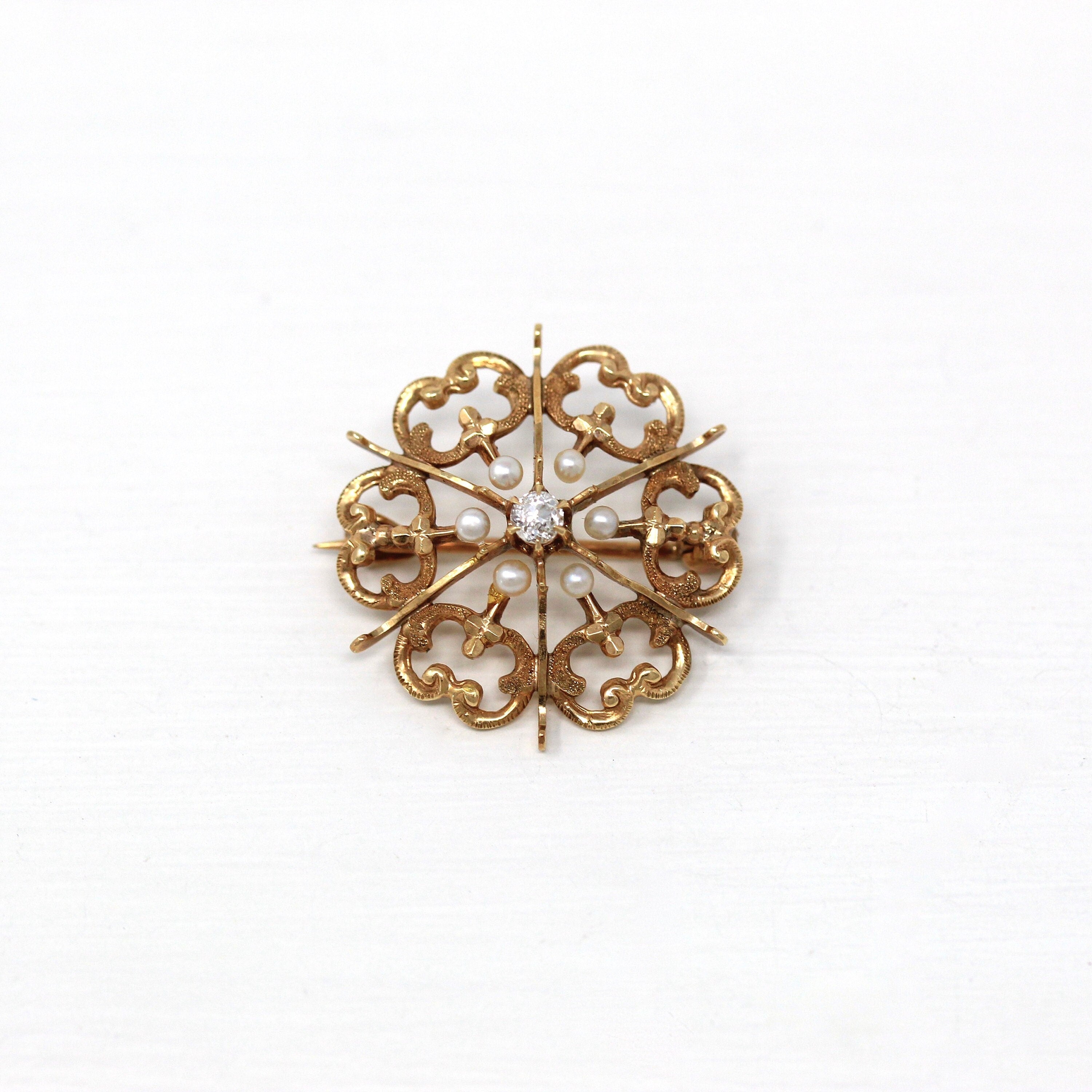 Sale - Antique Starburst Brooch - Edwardian 10k Yellow Gold Genuine .09 CT Old European Diamond Pin - Circa 1910s Era Seed Pearls Jewelry