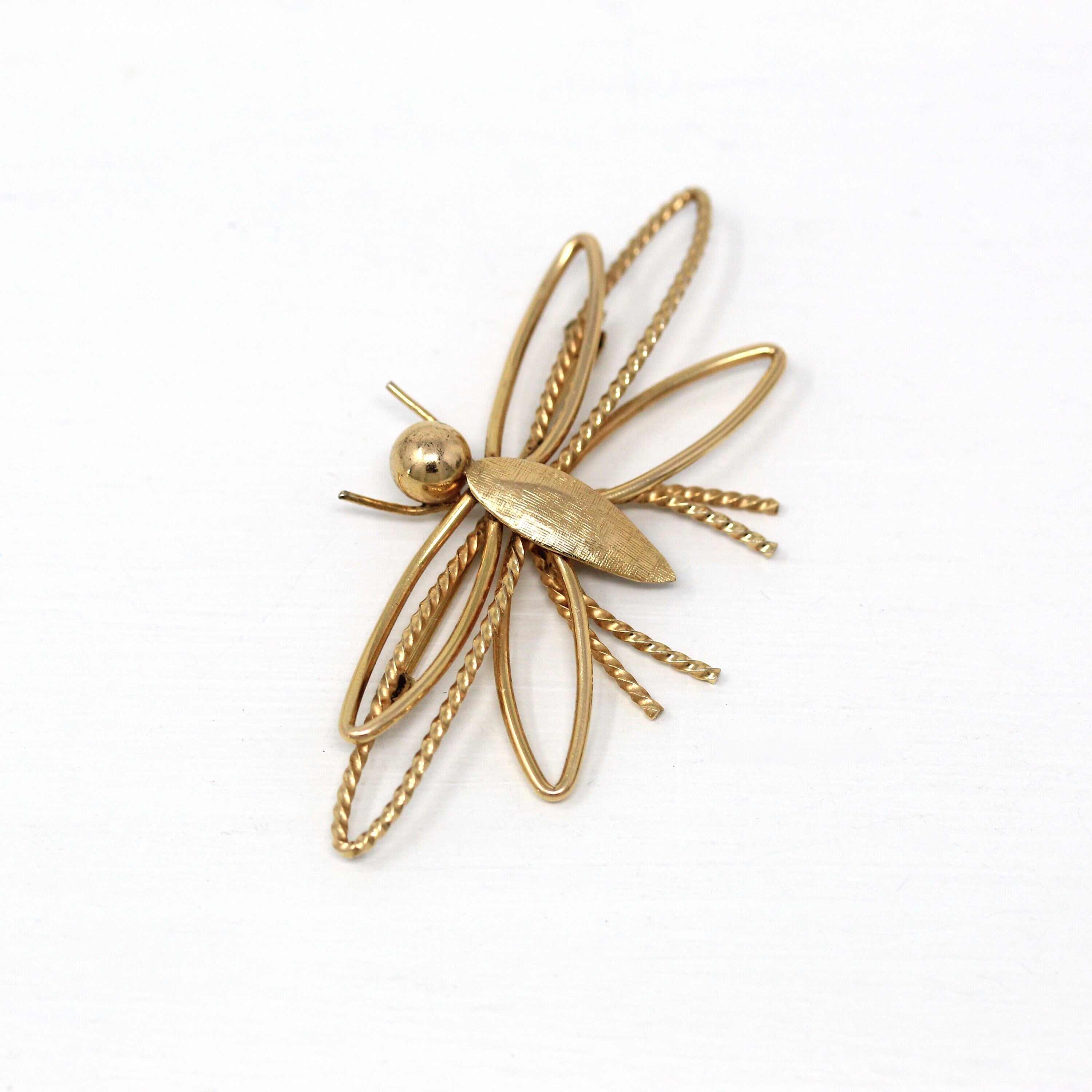 Vintage Bug Brooch - Retro 12k Gold Filled Flying Winged Insect Figural Pin - Circa 1960s Era Statement Fashion Accessory Wells 60s Jewelry