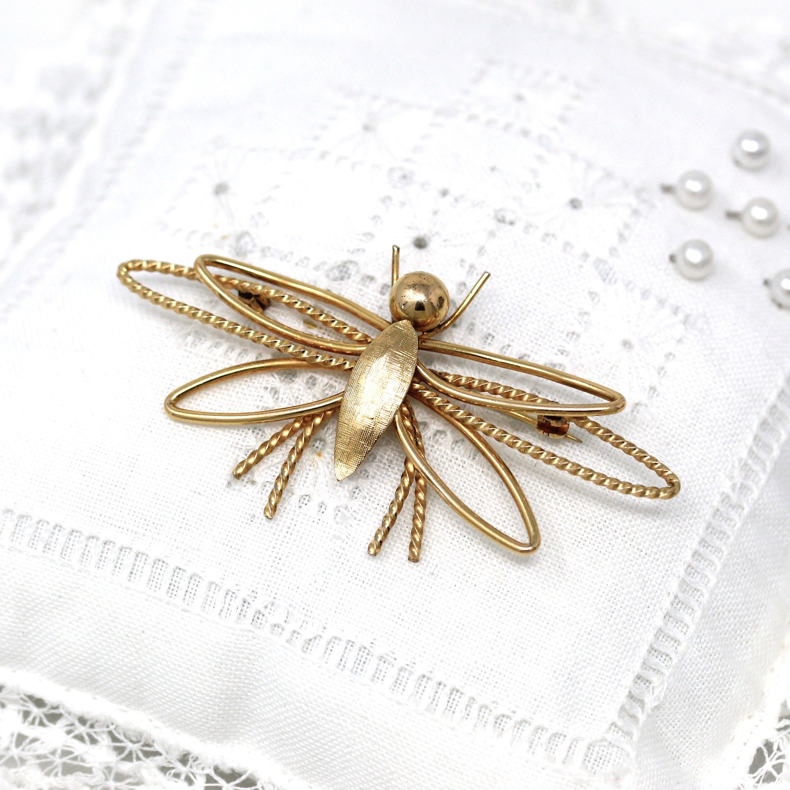 Vintage Bug Brooch - Retro 12k Gold Filled Flying Winged Insect Figural Pin - Circa 1960s Era Statement Fashion Accessory Wells 60s Jewelry