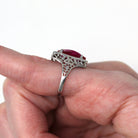 Antique Filigree Ring - Art Deco Era 10k White Gold Filigree Setting Created Ruby Red Stone - Vintage Circa 1920s Size 3.5 Fine 20s Jewelry