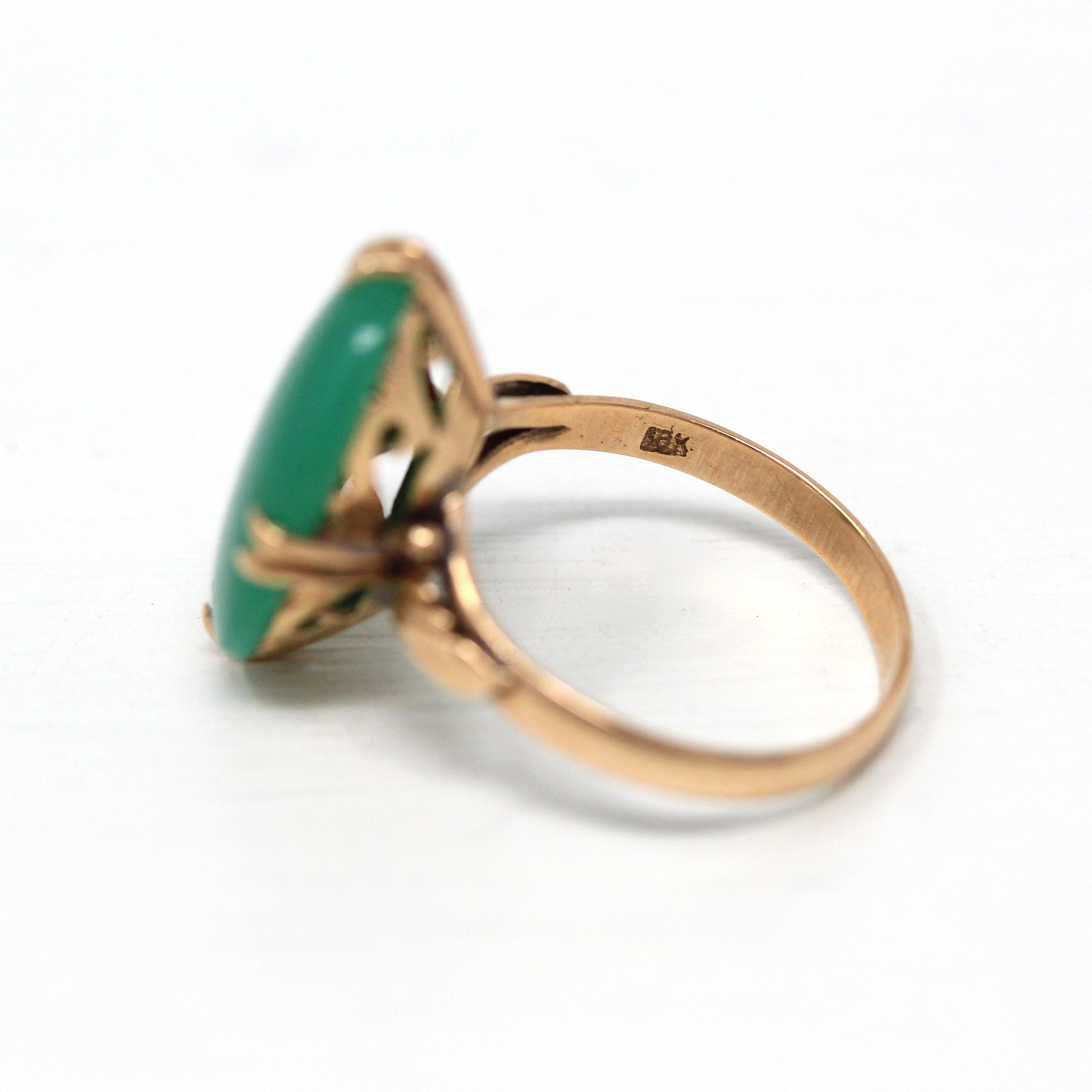 Sale Simulated Jade Ring Retro 18K Yellow Gold Oval Green Glass Cabochon Stone Vintage Circa 1960s Era Size 7.5 Statement Jewelry