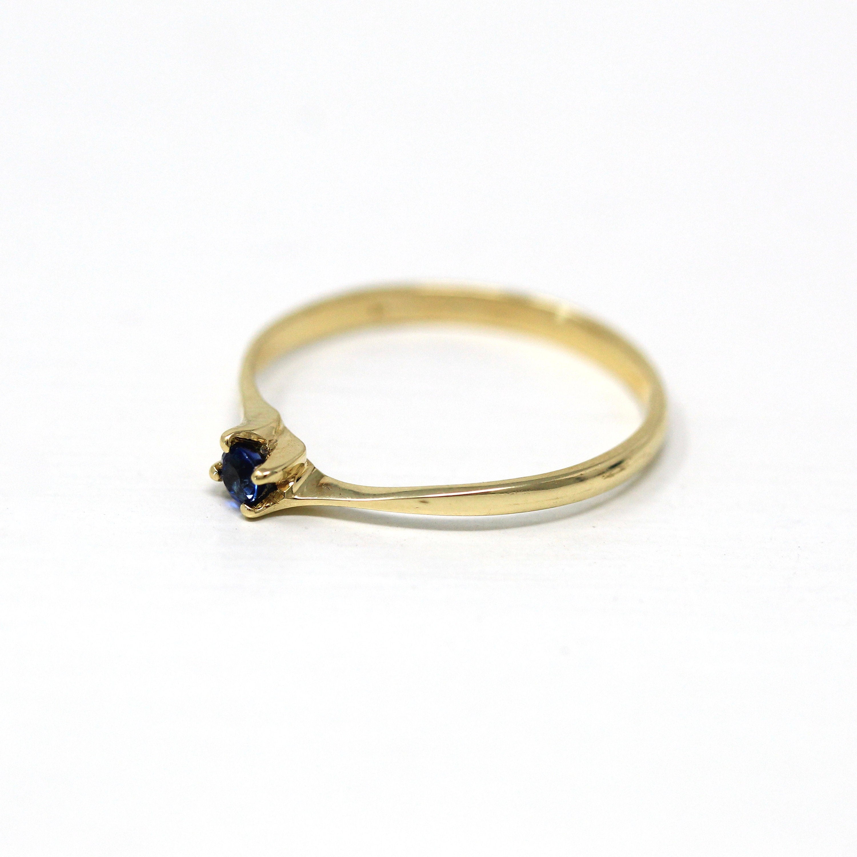 Genuine Sapphire Ring - Estate 14k Yellow Gold Round Cut Blue Gemstone Bypass Style - Vintage Circa 1990s Era Size 5.5 Dainty Fine Jewelry