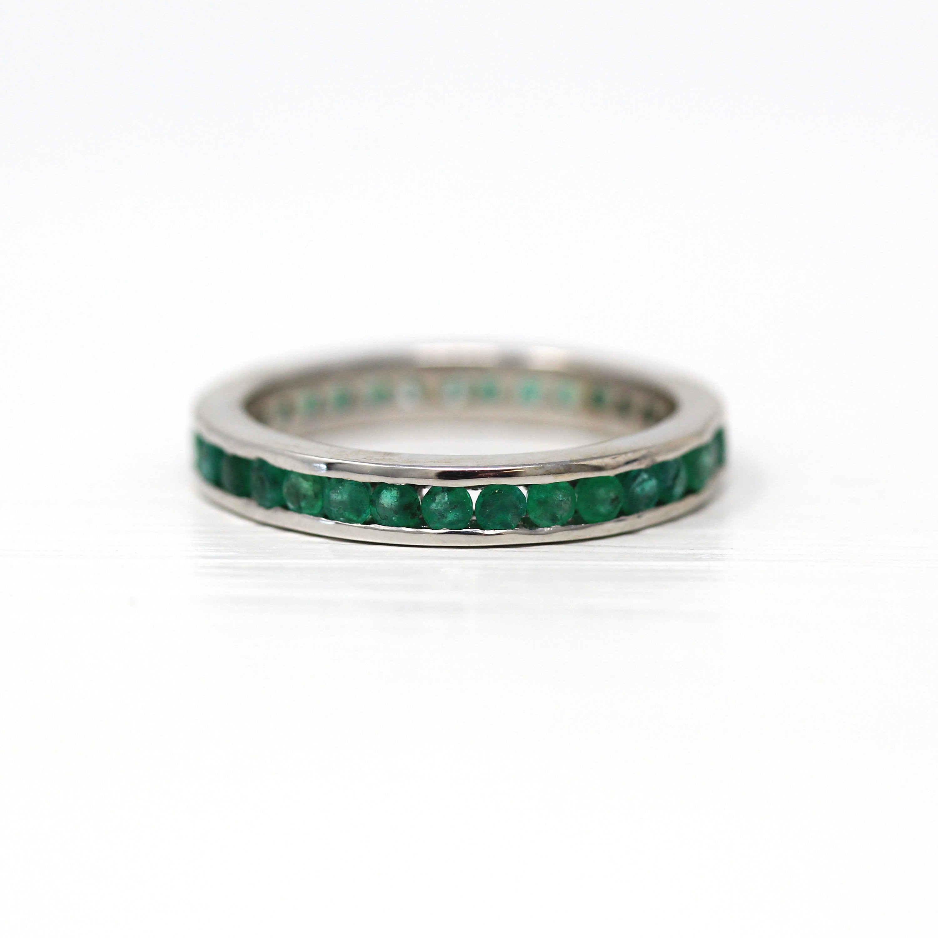 Emerald Eternity Band - 14k White Gold Genuine Green Emerald Gemstone Eternity Ring - Size 8 1/4 Modern Estate Bridal Wedding Fine Jewelry