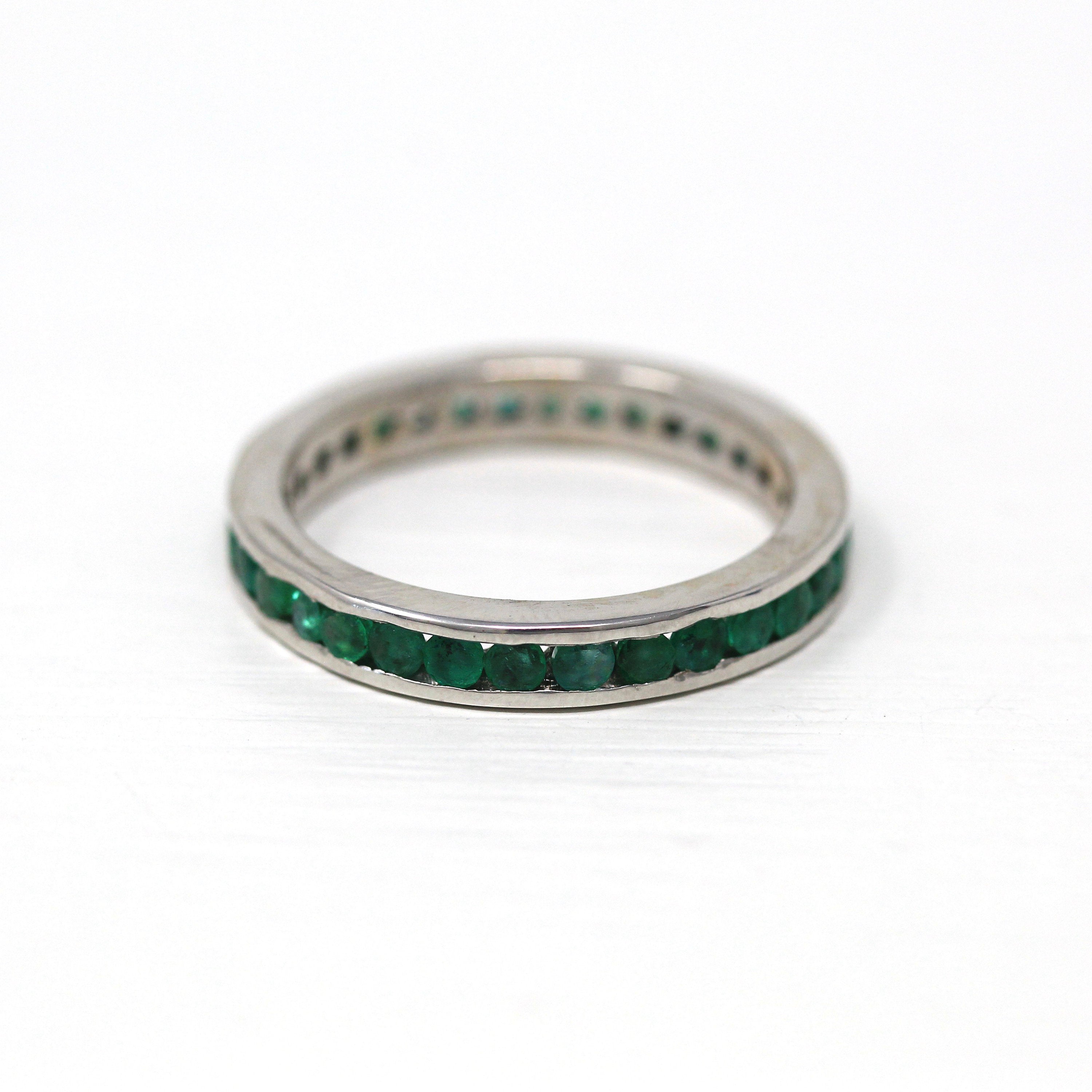 Emerald Eternity Band - 14k White Gold Genuine Green Emerald Gemstone Eternity Ring - Size 8 1/4 Modern Estate Bridal Wedding Fine Jewelry