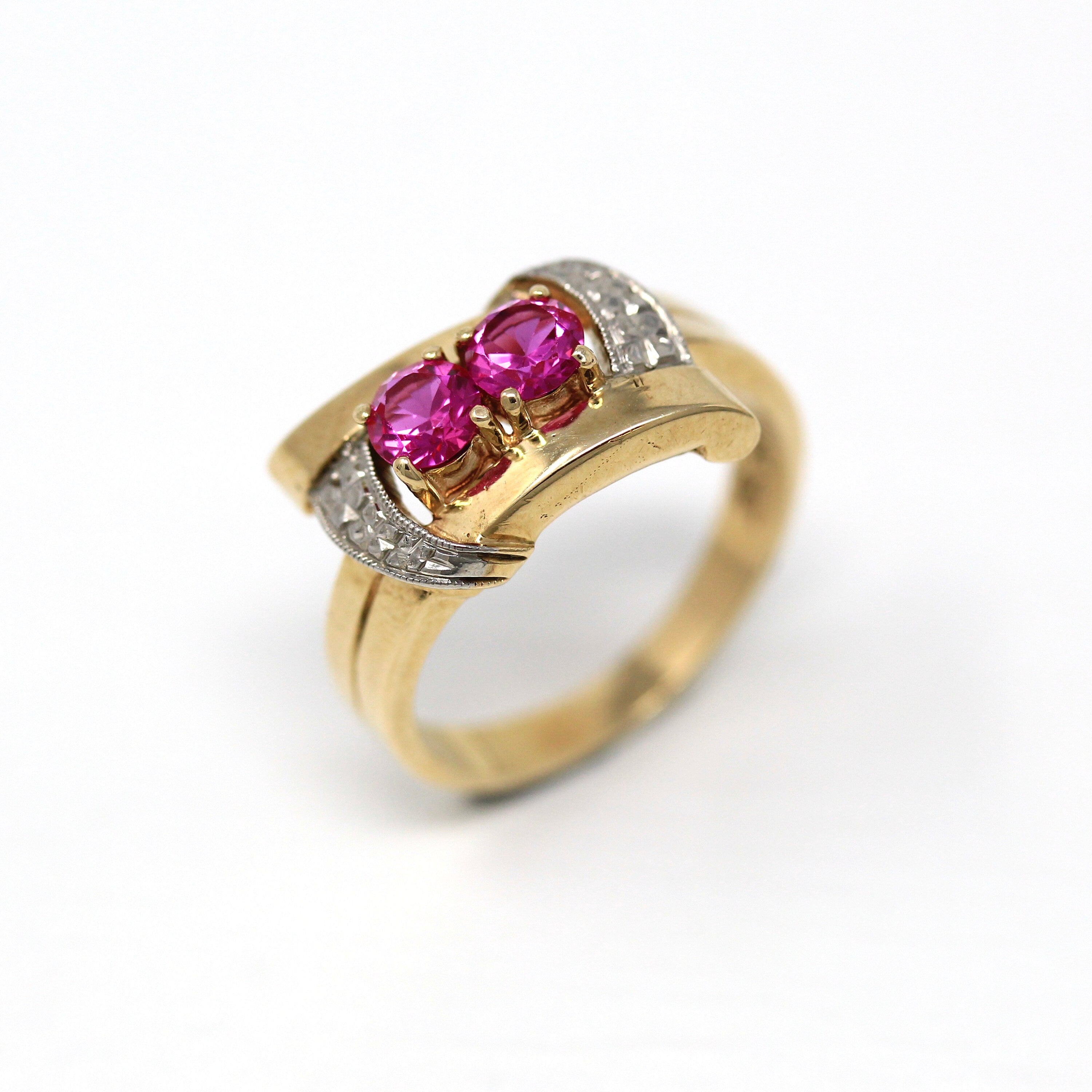 Created Ruby Ring - Vintage Retro Era 10k Yellow & White Gold Two Tone - Circa 1940s Toi Et Moi Size 5 3/4 July Birthstone 40s Fine Jewelry