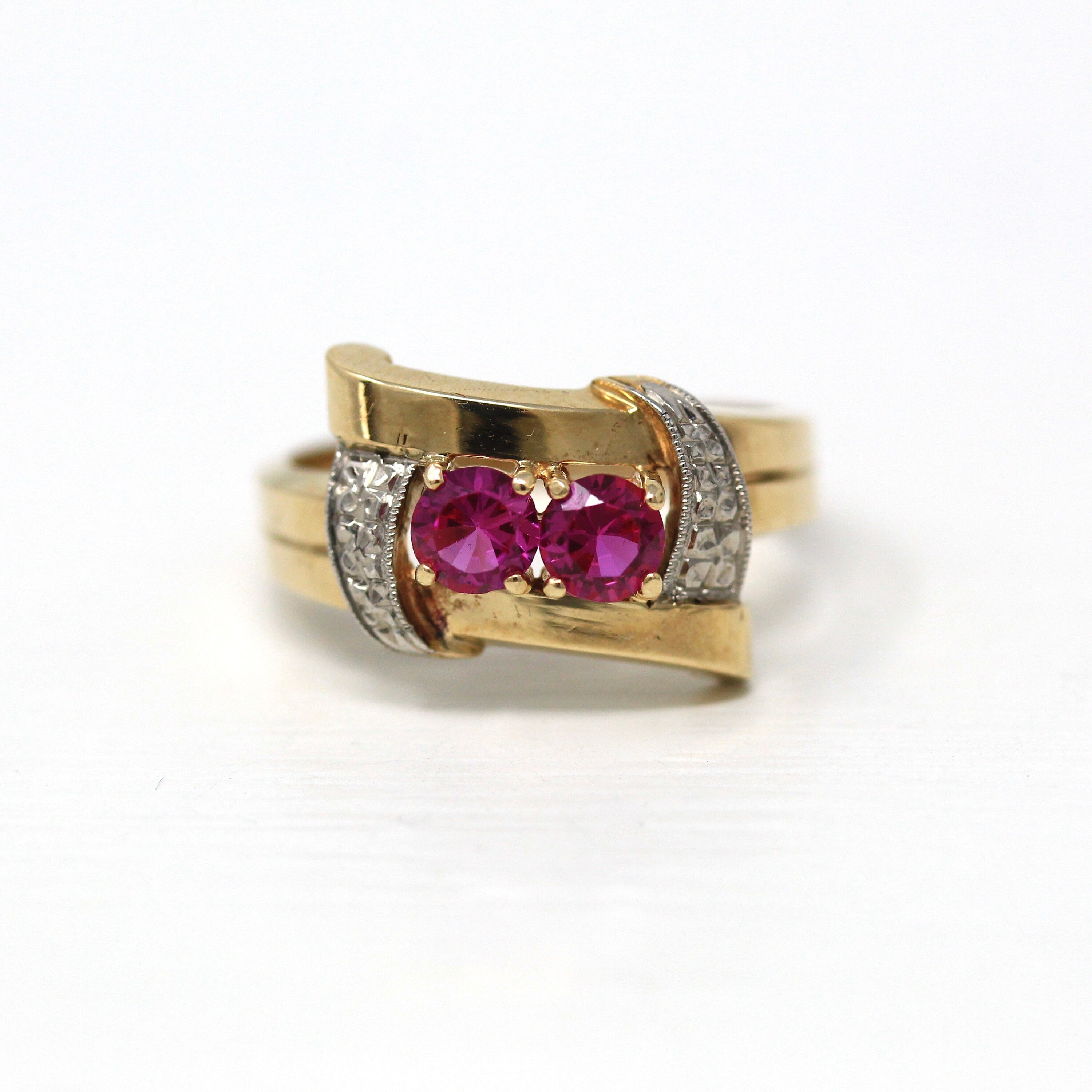 Created Ruby Ring - Vintage Retro Era 10k Yellow & White Gold Two Tone - Circa 1940s Toi Et Moi Size 5 3/4 July Birthstone 40s Fine Jewelry