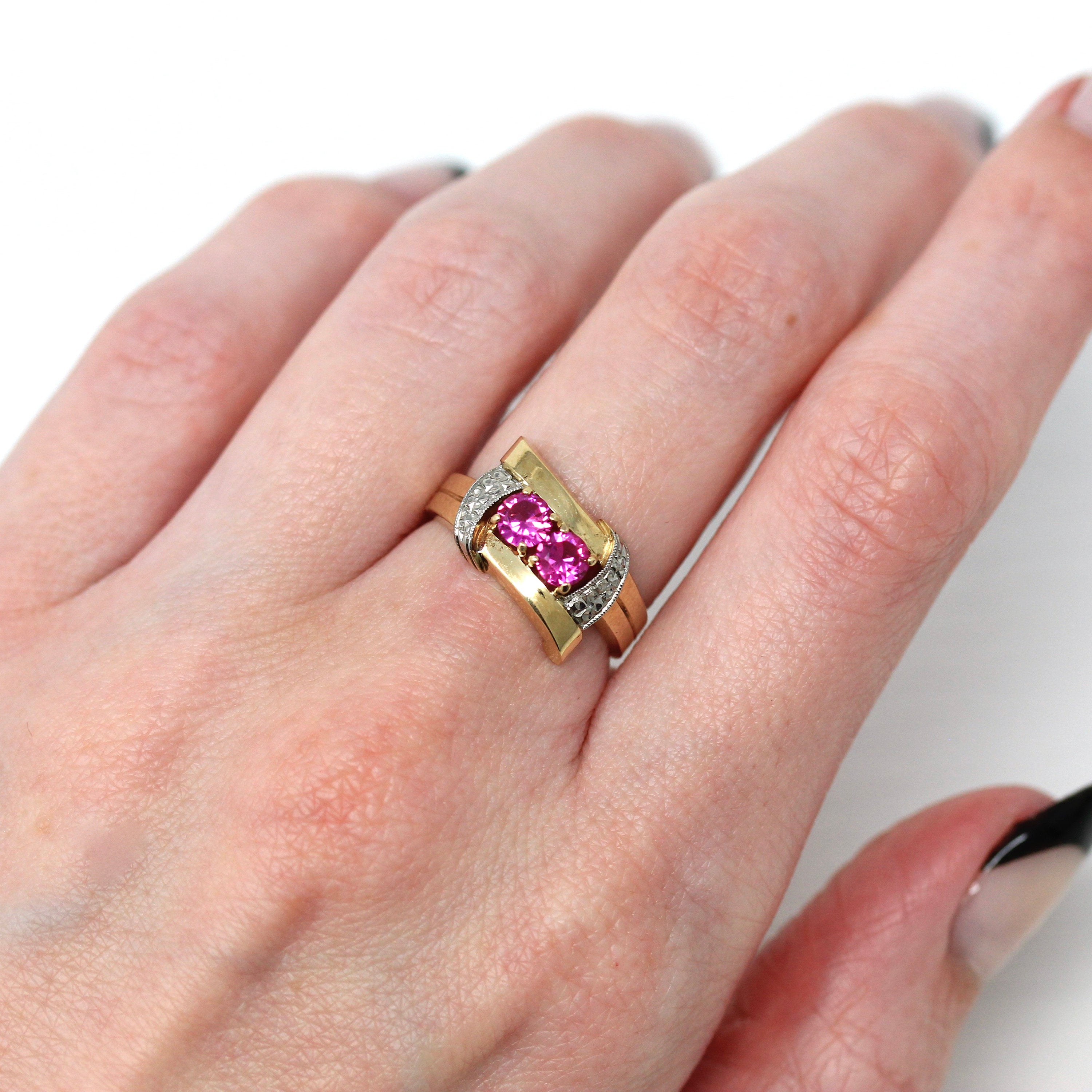 Created Ruby Ring - Vintage Retro Era 10k Yellow & White Gold Two Tone - Circa 1940s Toi Et Moi Size 5 3/4 July Birthstone 40s Fine Jewelry