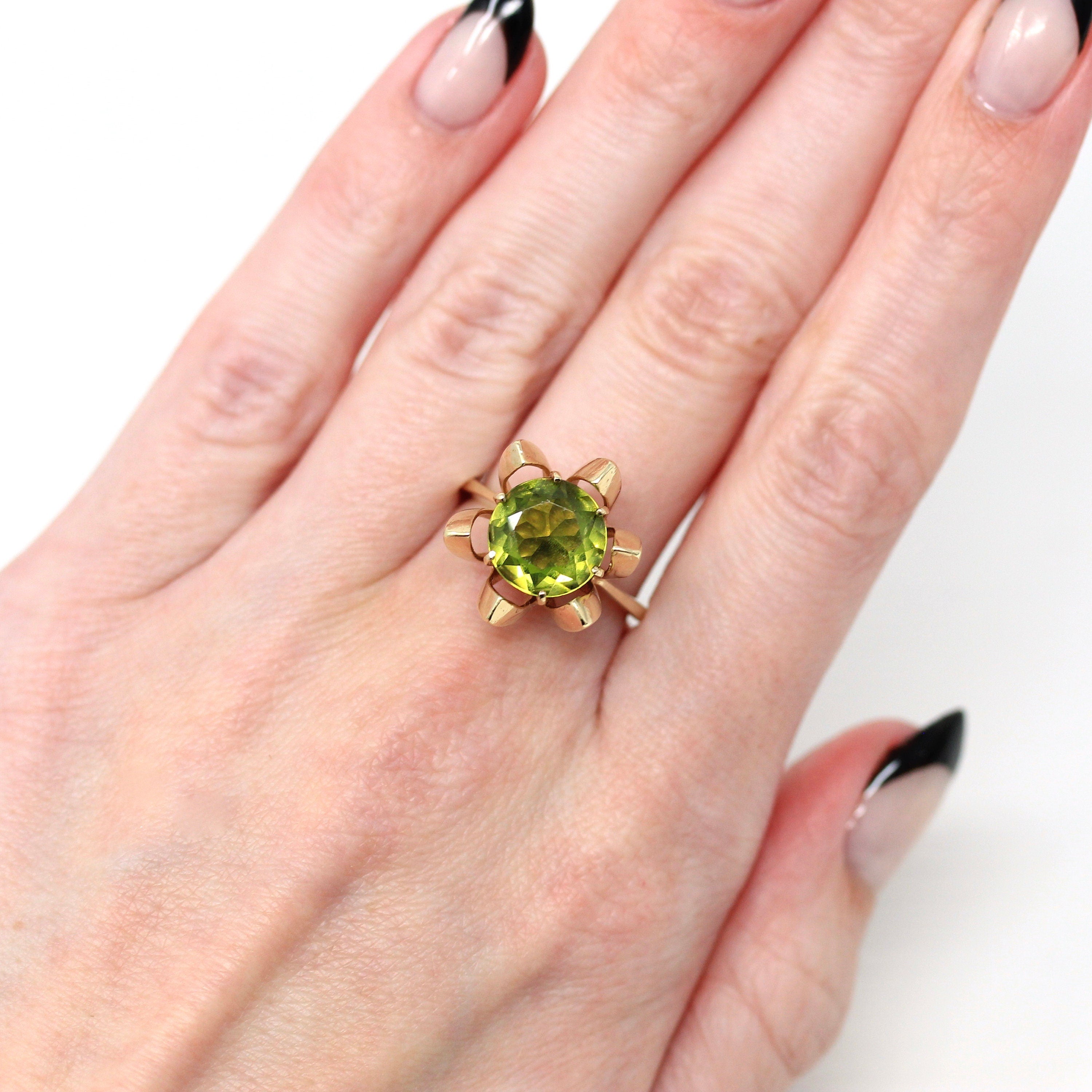 Created Spinel Ring - Retro 10k Yellow Gold Flower Statement 5.47 CT Engraved Irene Love Mom - Vintage Dated 1970 Size 6 1/2 Fine Jewelry