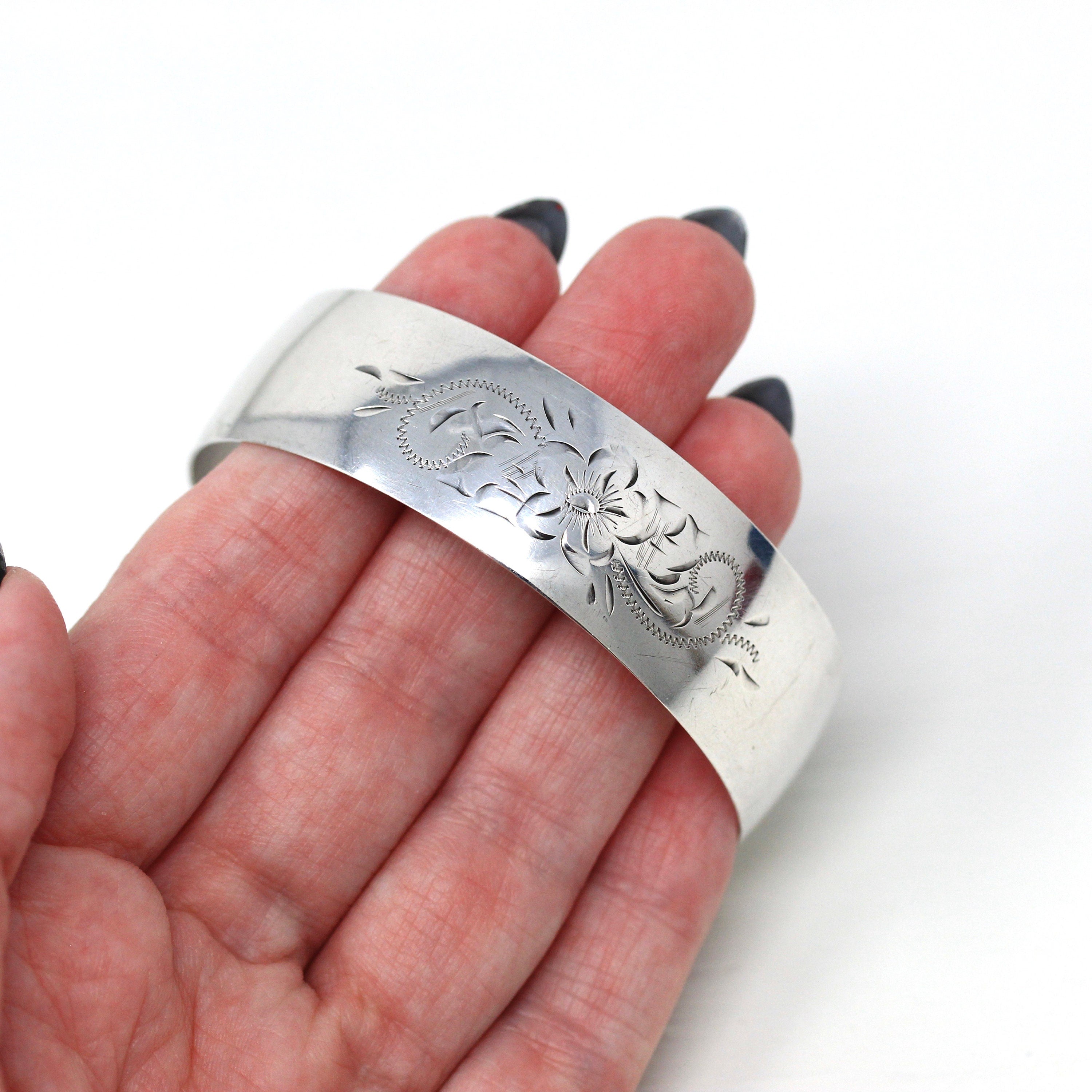 Vintage Flower Cuff - Retro Sterling Silver Floral Design Statement Bracelet - Circa 1960s Era Fashion Accessory Engraved Floral 60s Jewelry