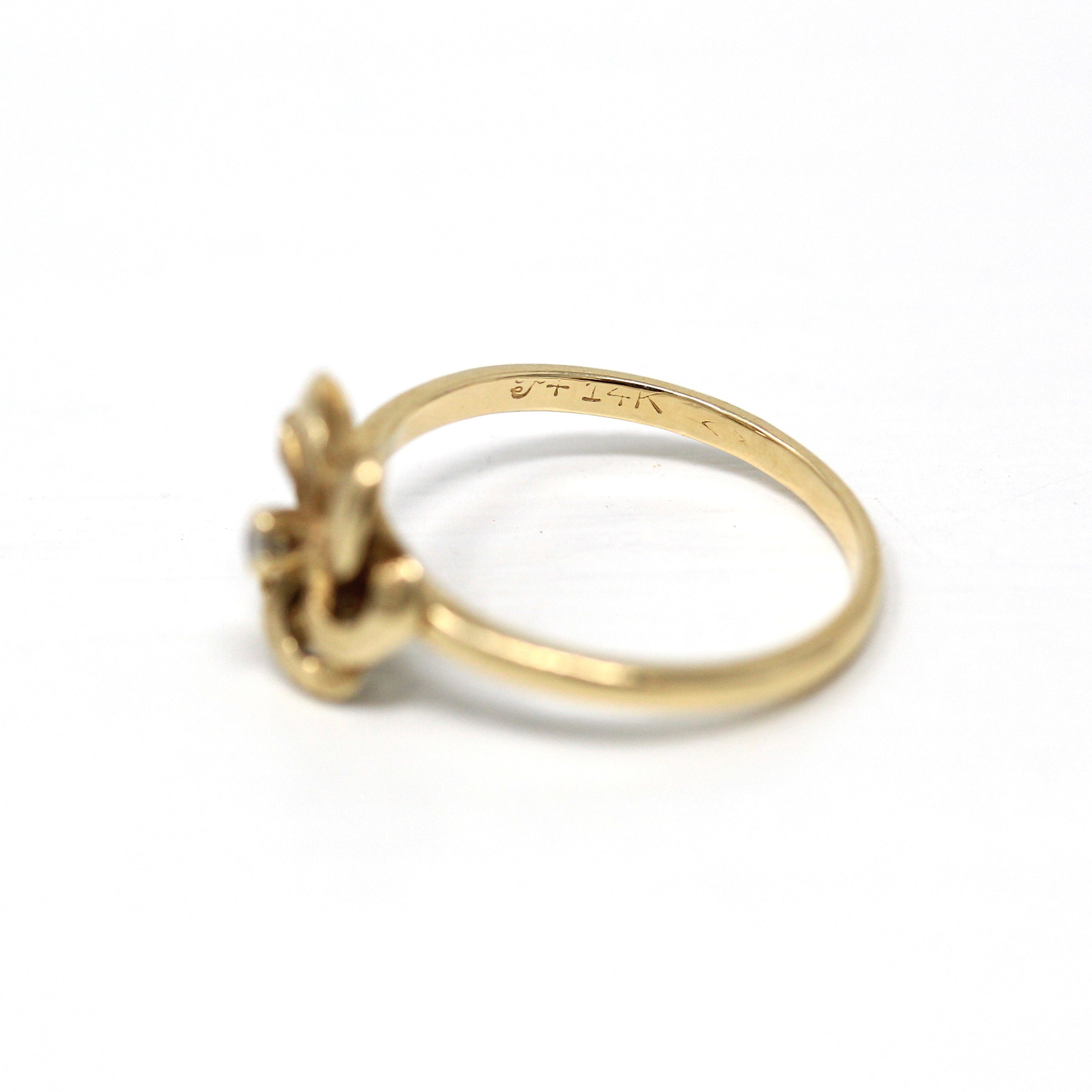 Diamond Flower Ring - Retro 14k Yellow Gold Round Faceted .02 CT Gem - Vintage Circa 1970s Era Size 6 April Birthstone Fine Floral Jewelry