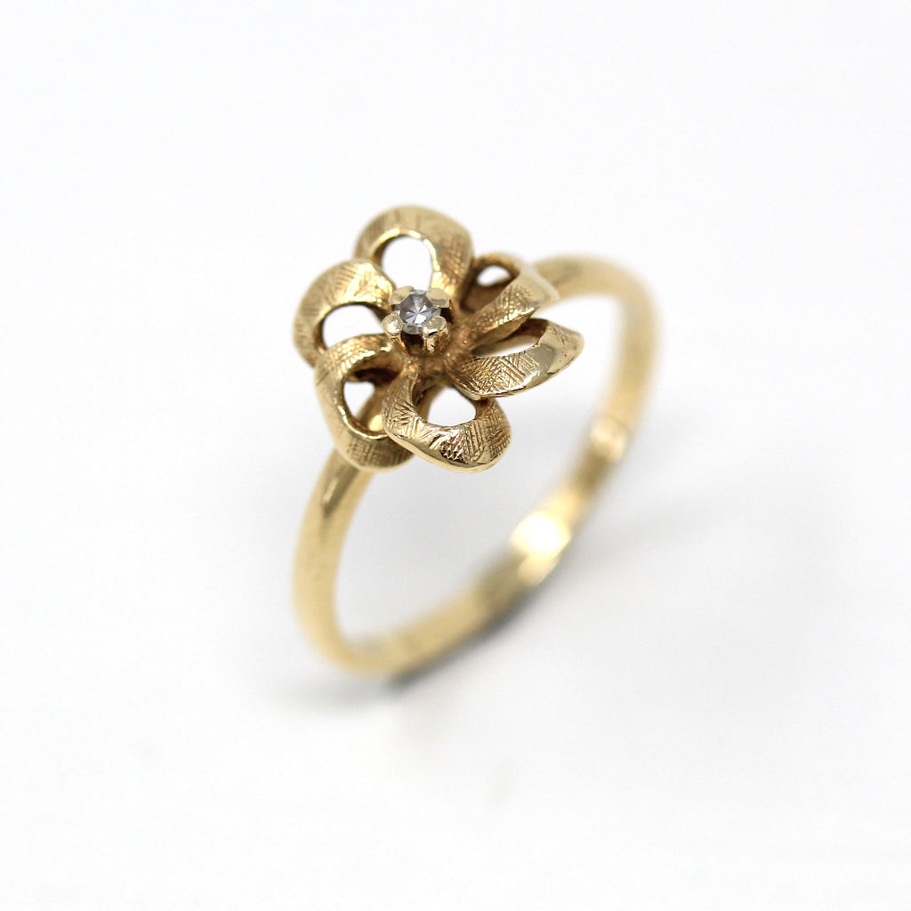 Diamond Flower Ring - Retro 14k Yellow Gold Round Faceted .02 CT Gem - Vintage Circa 1970s Era Size 6 April Birthstone Fine Floral Jewelry