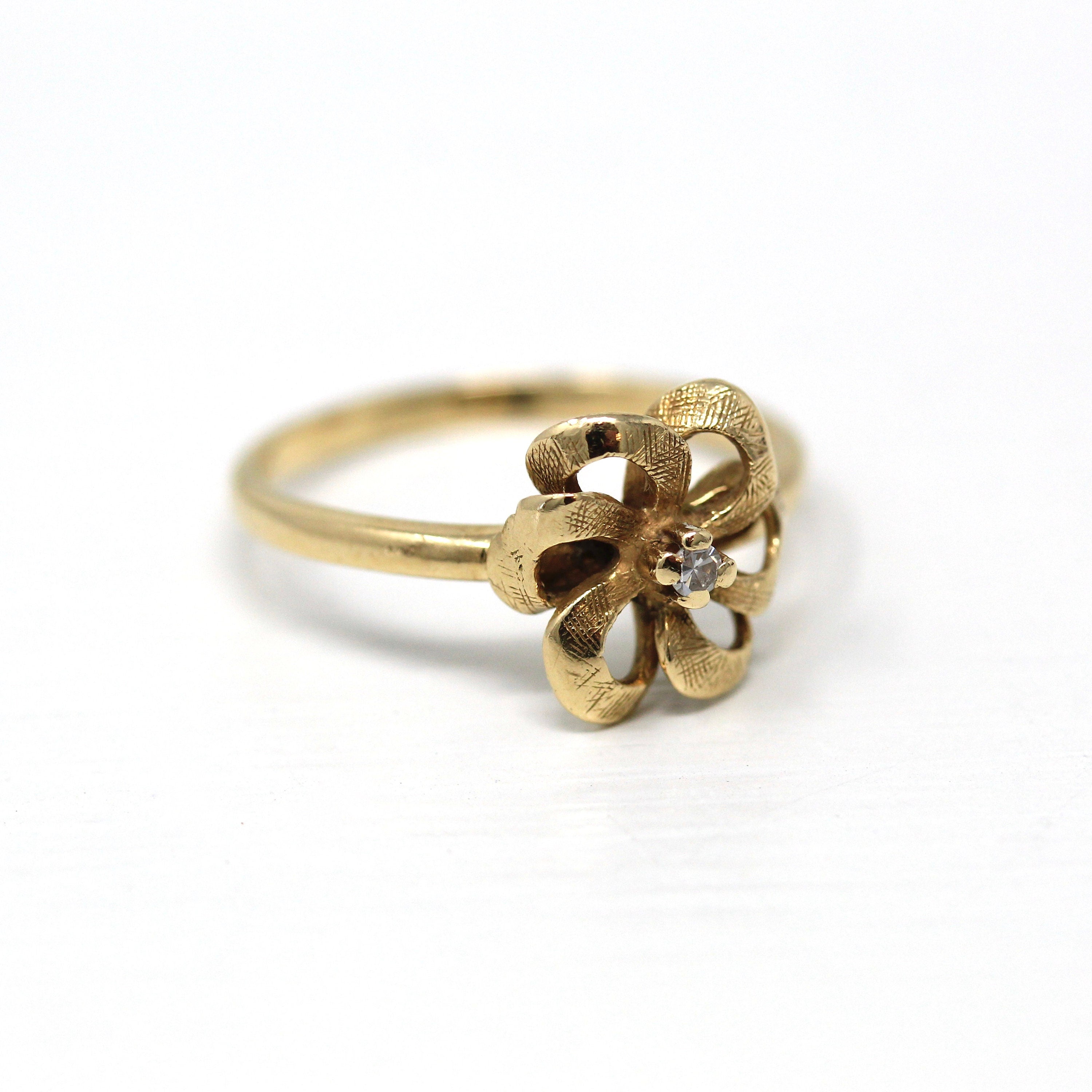 Diamond Flower Ring - Retro 14k Yellow Gold Round Faceted .02 CT Gem - Vintage Circa 1970s Era Size 6 April Birthstone Fine Floral Jewelry