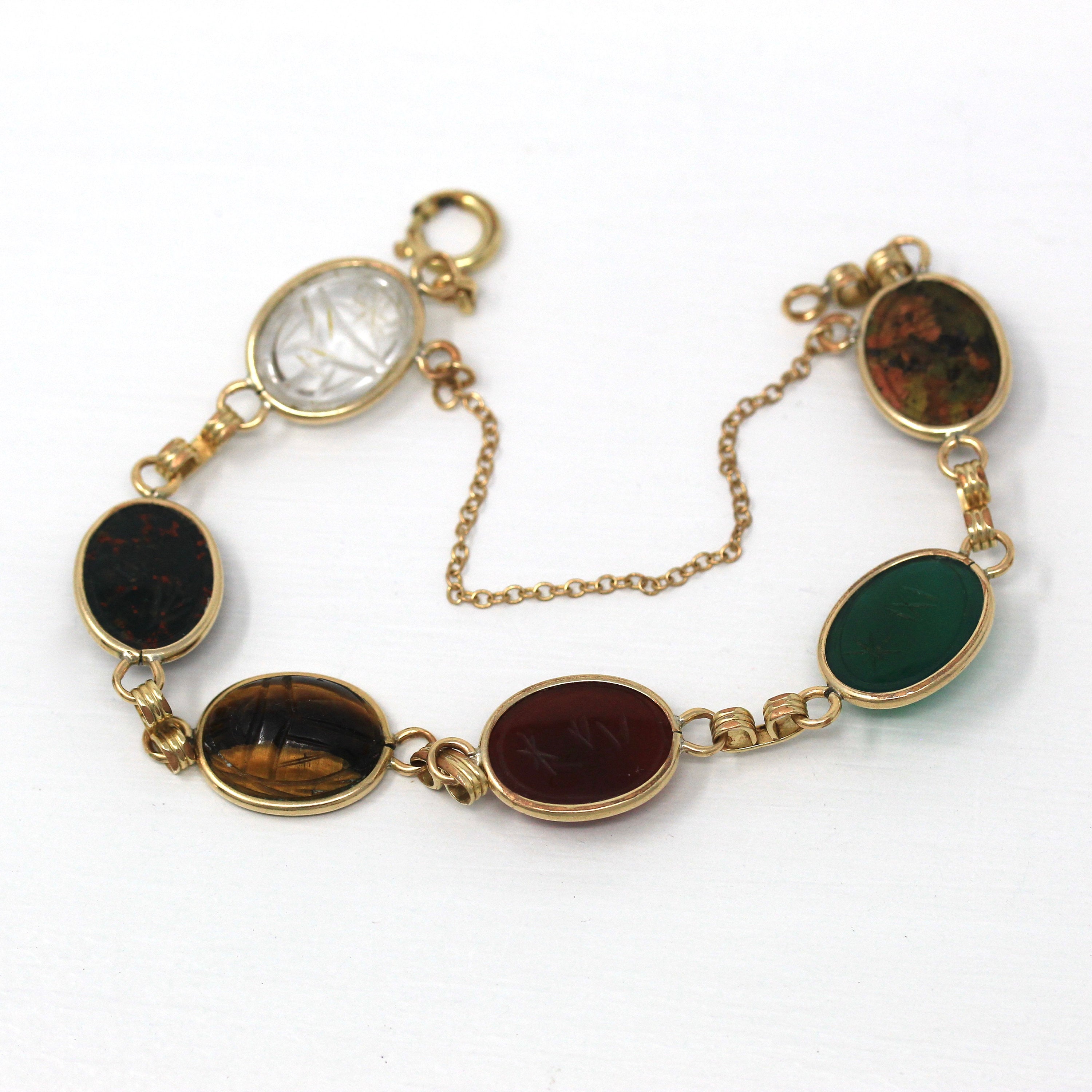 Vintage Scarab Bracelet - Retro 12k Yellow Gold Filled Carved Genuine Gemstones - Circa 1960s Era Egyptian Revival Style Bloodstone Jewelry