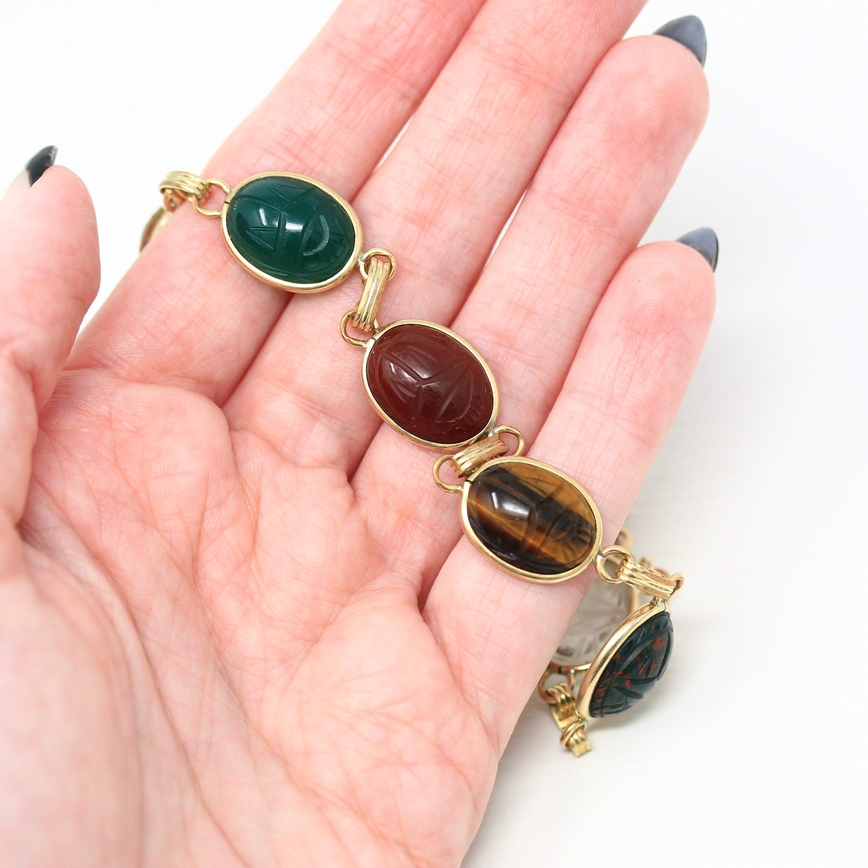 Vintage Scarab Bracelet - Retro 12k Yellow Gold Filled Carved Genuine Gemstones - Circa 1960s Era Egyptian Revival Style Bloodstone Jewelry