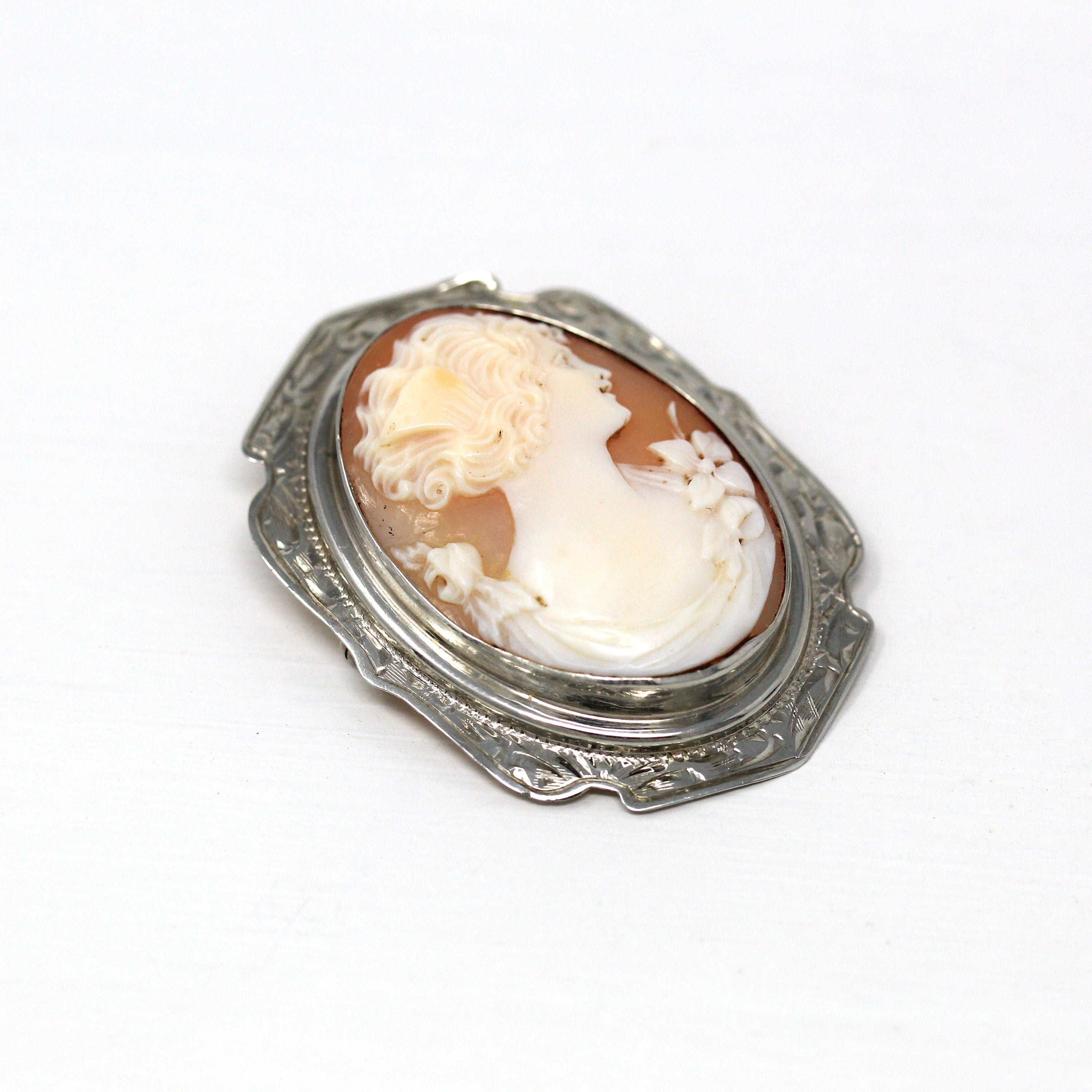 Vintage Cameo Brooch - Art Deco 10k White Gold Filigree Carved Oval Shell Pin - 1920s Statement Flower Fine Jewelry Accessory