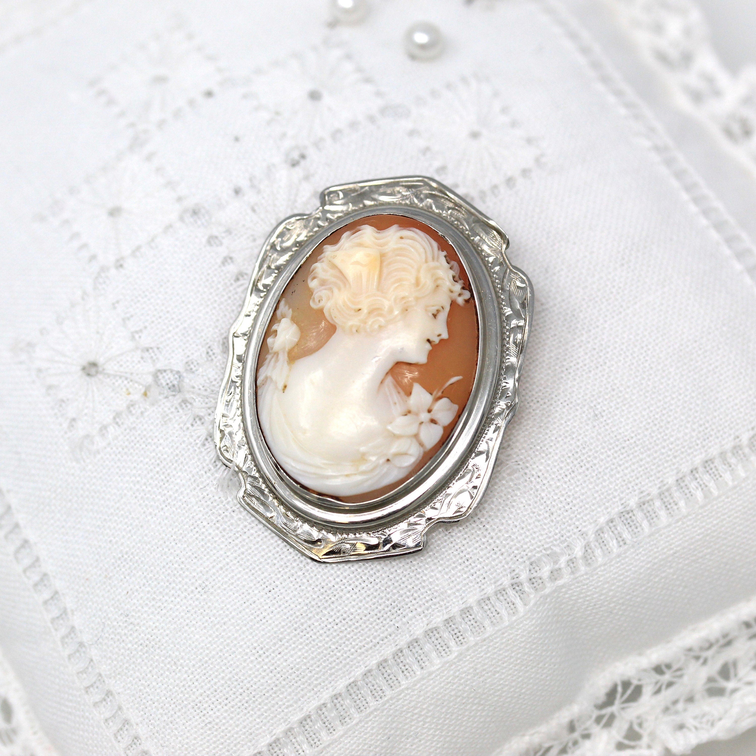 Vintage Cameo Brooch - Art Deco 10k White Gold Filigree Carved Oval Shell Pin - 1920s Statement Flower Fine Jewelry Accessory