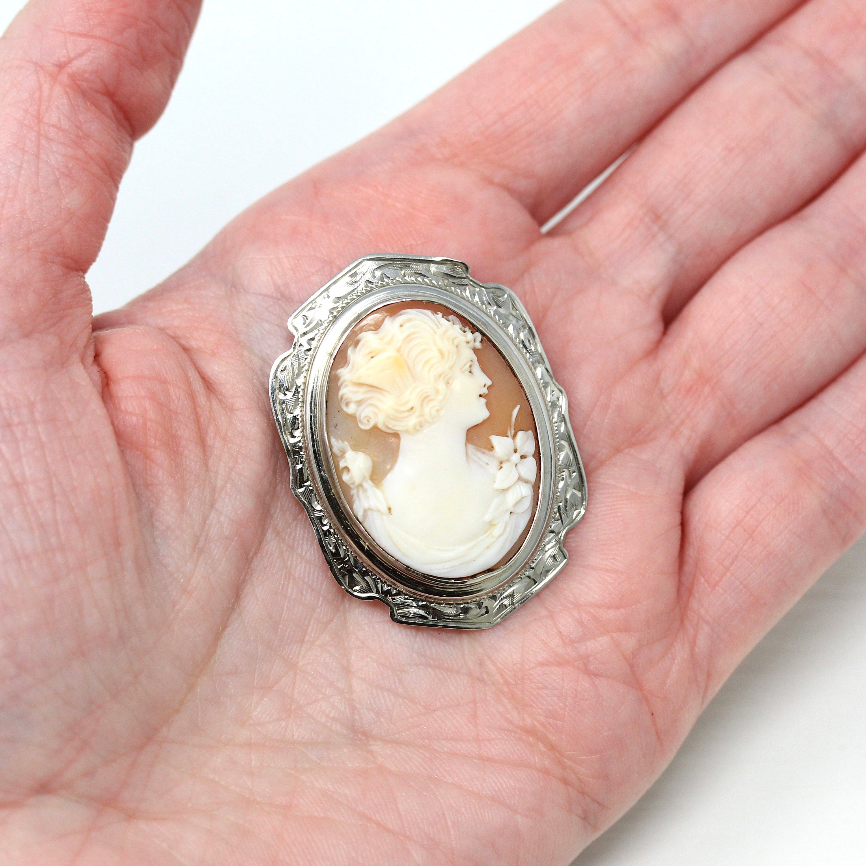 Vintage Cameo Brooch - Art Deco 10k White Gold Filigree Carved Oval Shell Pin - 1920s Statement Flower Fine Jewelry Accessory