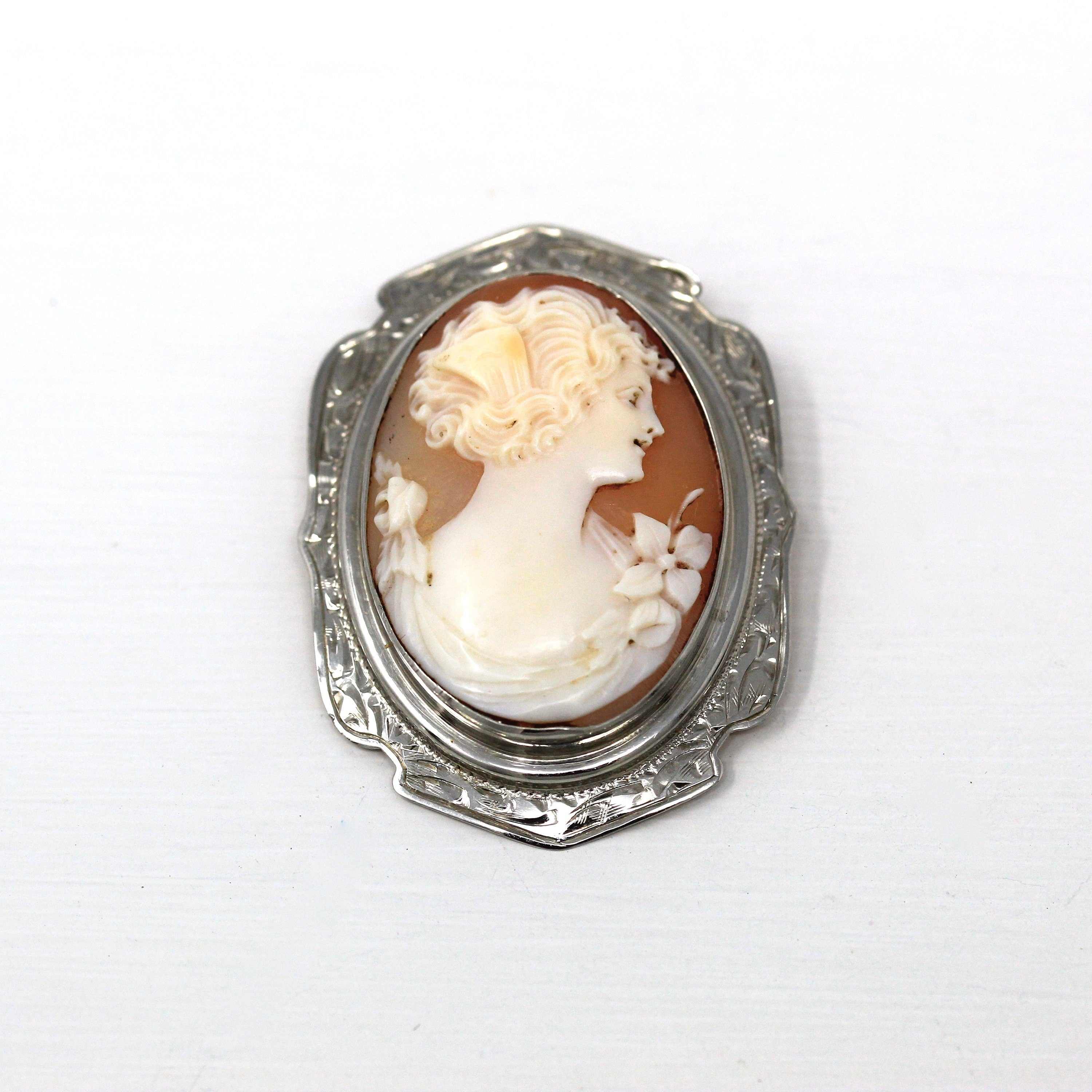 Vintage Cameo Brooch - Art Deco 10k White Gold Filigree Carved Oval Shell Pin - 1920s Statement Flower Fine Jewelry Accessory