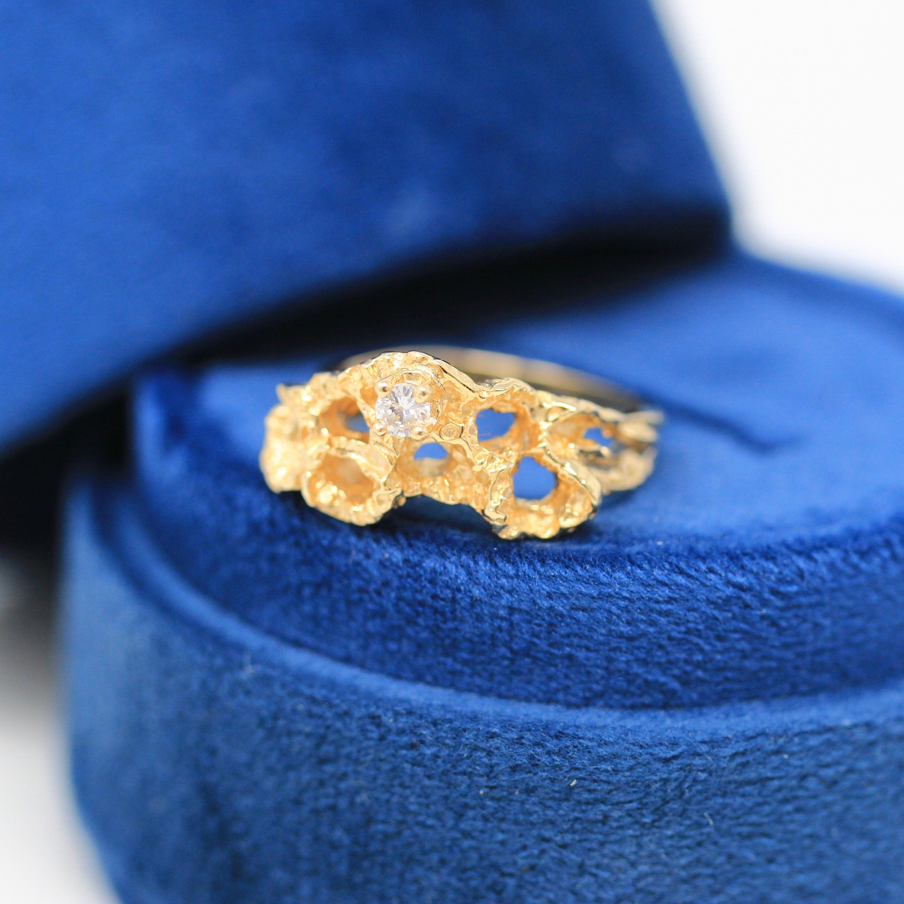 Sale - Brutalist Style Ring - Retro 14k Yellow Gold Genuine .08 CT Diamond Textured Coral - Vintage Circa 1970s Size 5 1/4 Fine 70s Jewelry