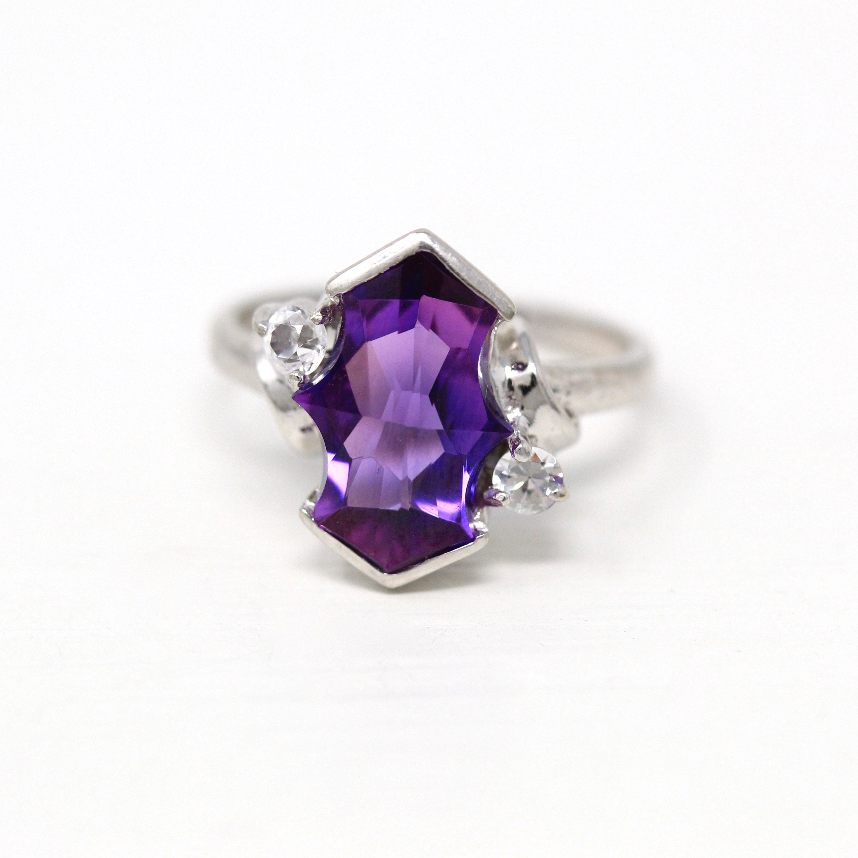 Created Sapphire Ring - Mid Century Era 10k White Gold Purple Violet Fancy Cut Stone - Circa 1950s Size 6.25 Statement 50s Fine MCM Jewelry