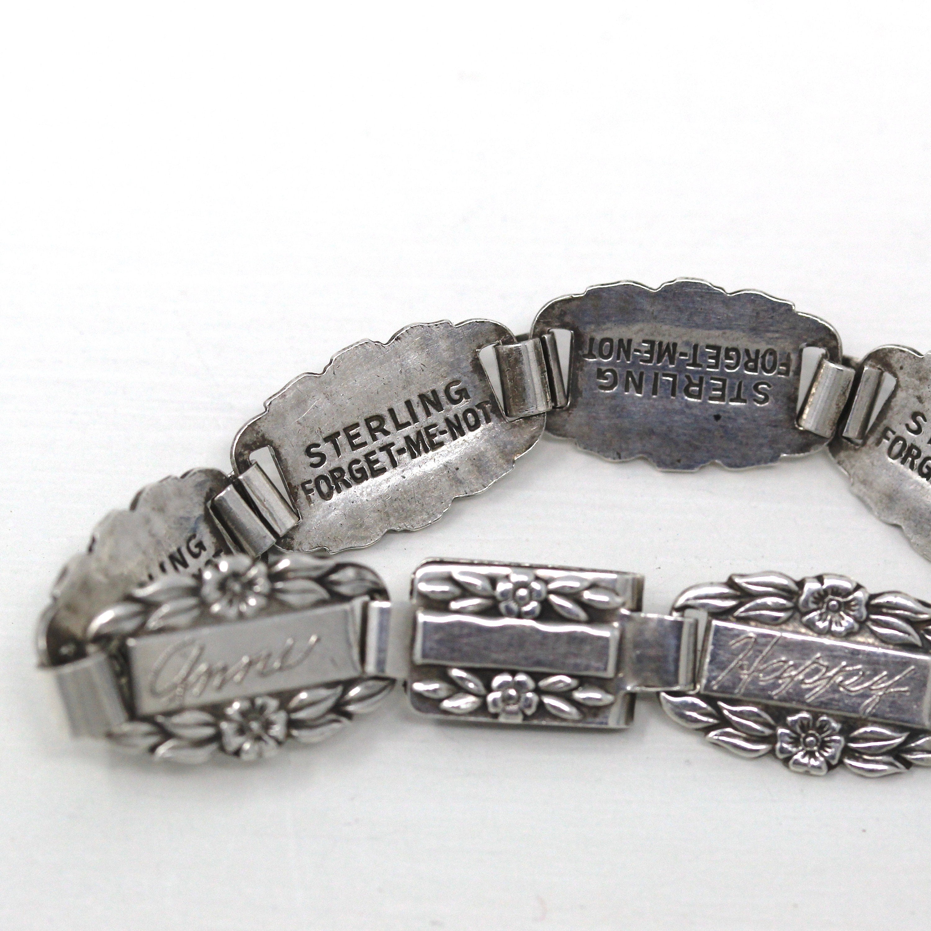 Sterling Silver Forget Me Not Engraved sale Name Bracelet 1940's