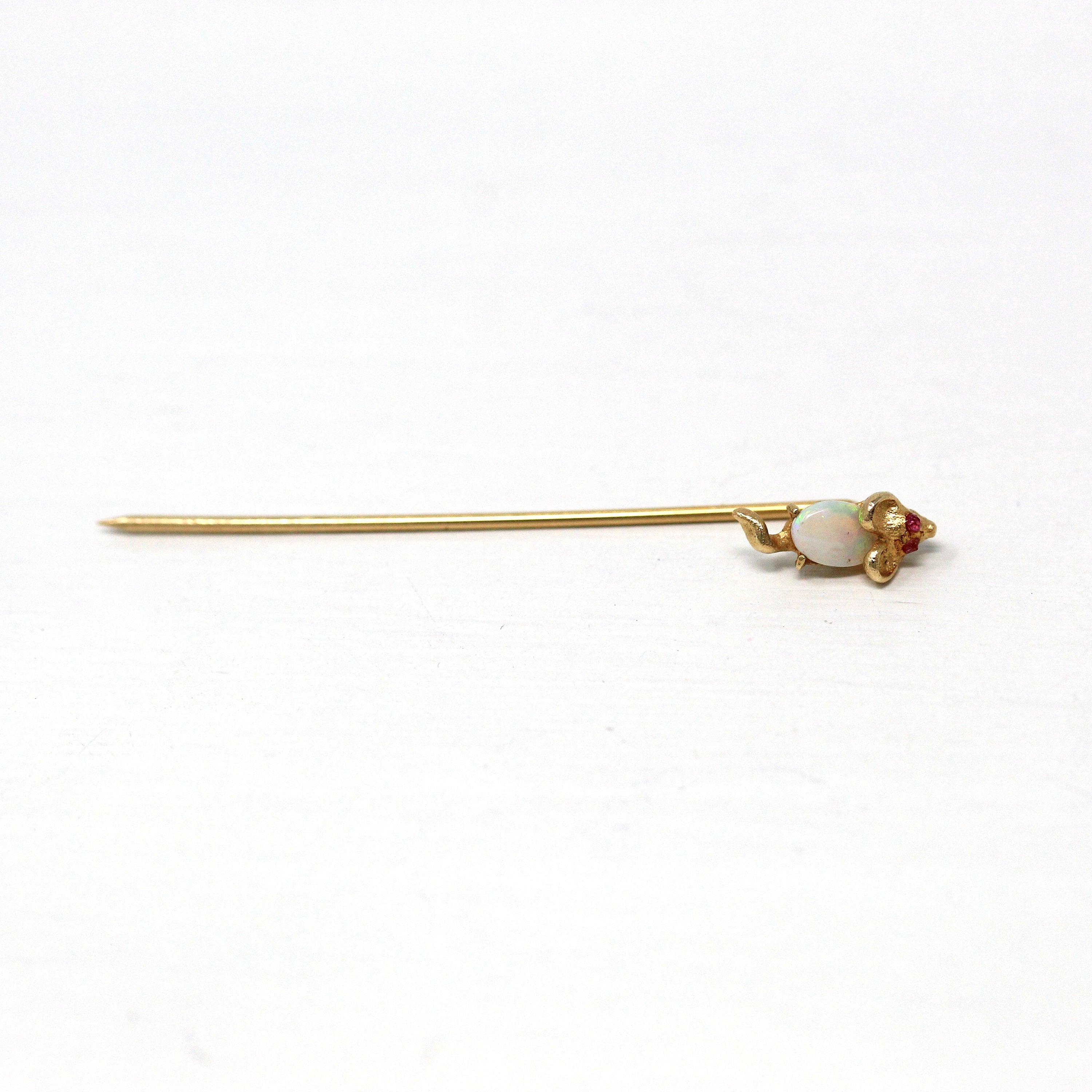 Mouse Stick Pin - Retro 14k Yellow Gold Figural Animal Neckwear - Vintage Circa 1960s Fine Fashion Accessory Genuine Opal Jewelry