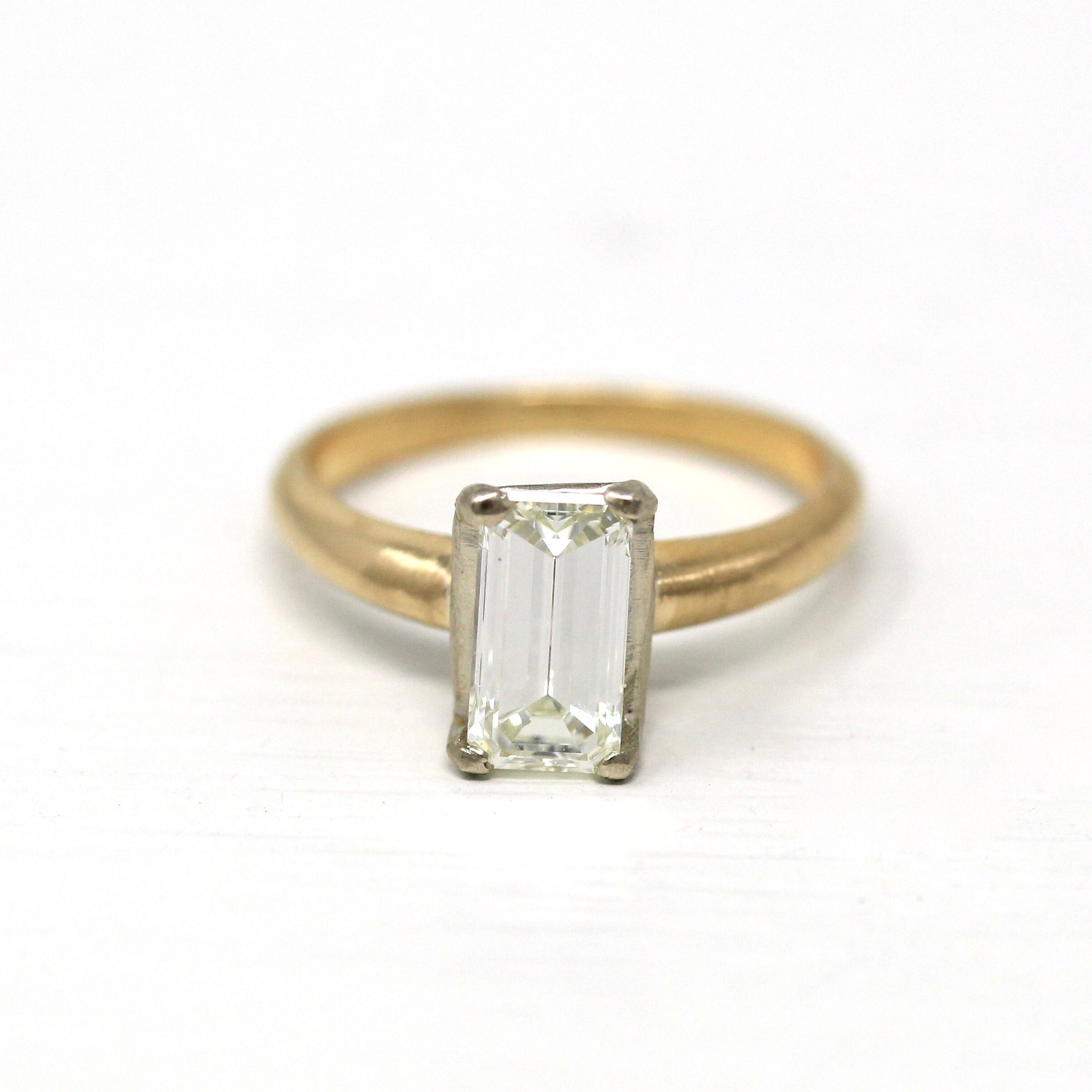 Diamond Engagement Ring - 14k Yellow & White Gold Genuine 1.05 CT Emerald Cut Gem - Circa 1990s Era Solitaire Style Fine GIA Report Jewelry