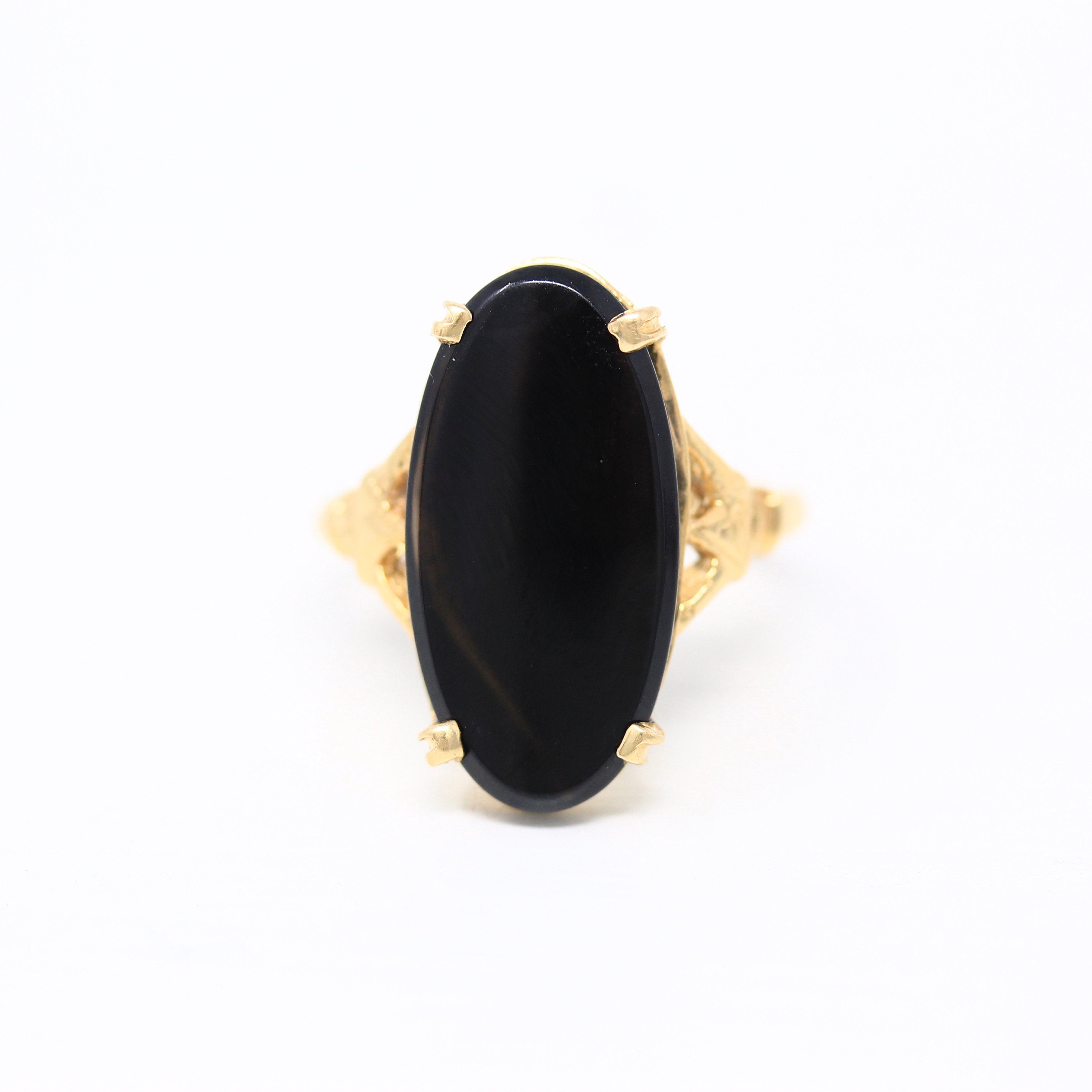 Sale Genuine Onyx Ring Vintage 14k Yellow Gold Black Oval Cabochon MJV