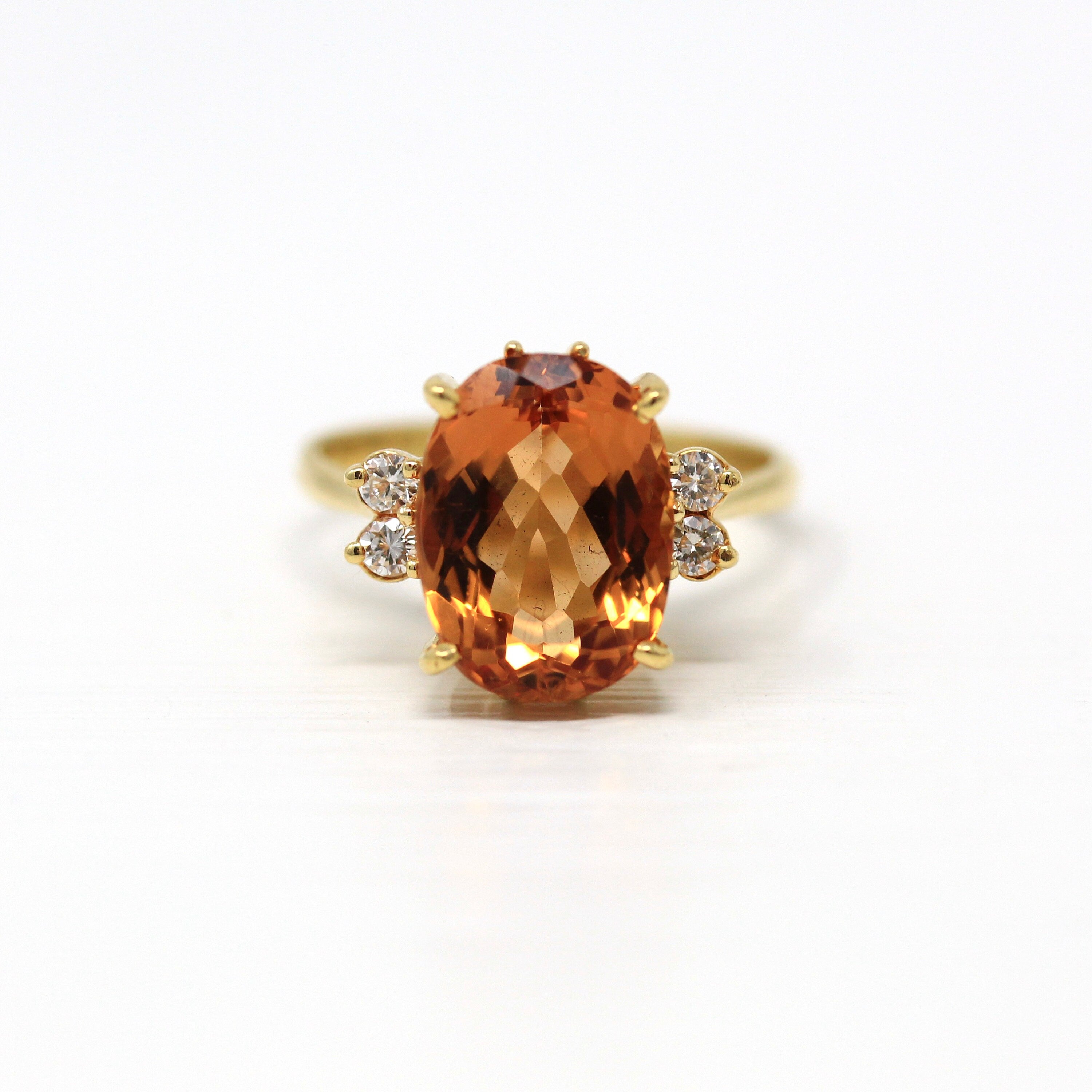 Orange Topaz Ring - Modern 18k Yellow Gold Oval Faceted 4.87 CT Genuine Gemstone - Estate Circa 2000's Era Size 5 1/4 Diamonds Fine Jewelry