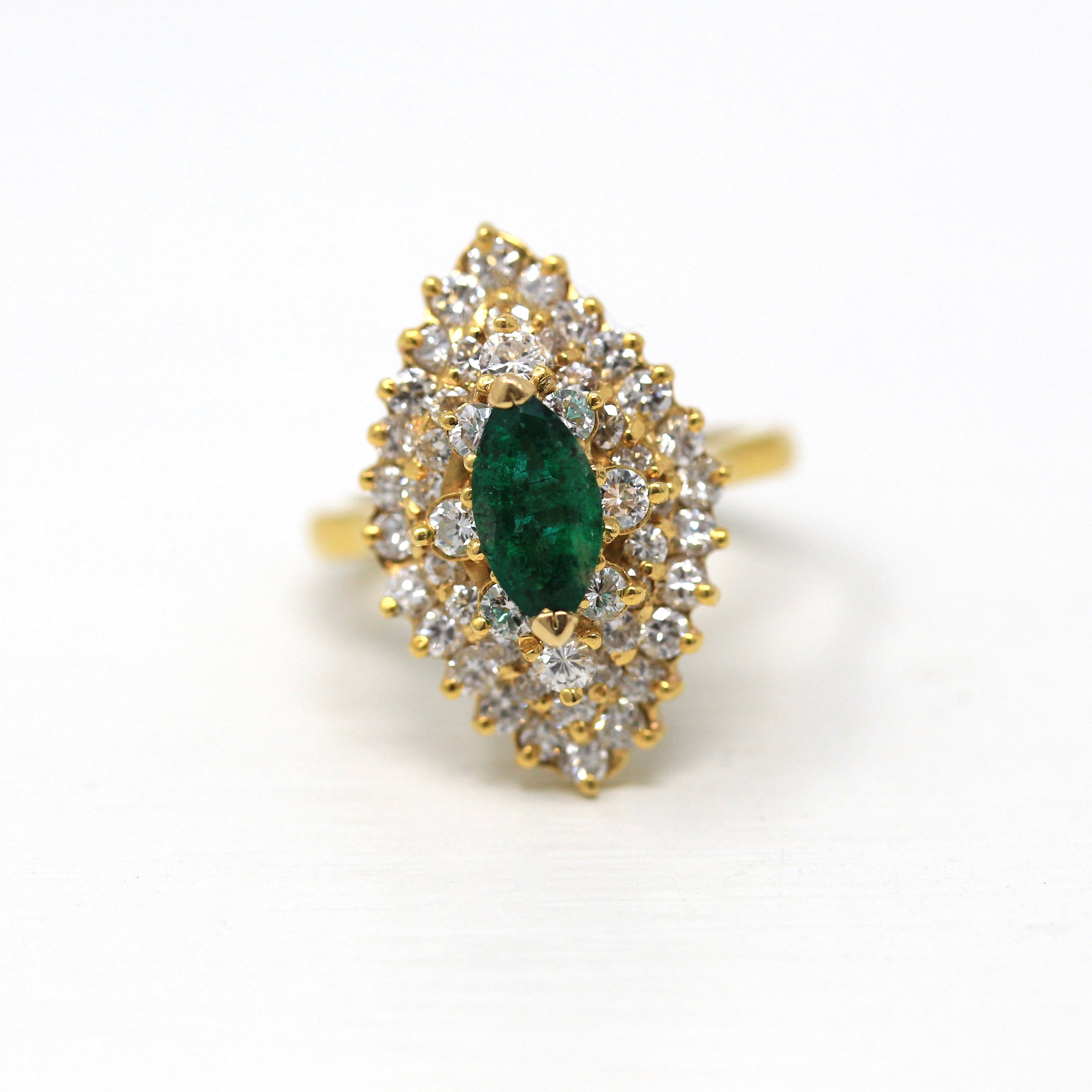 Gemstone Cocktail Ring - Vintage 22k Yellow Gold Genuine .75 CT Emerald & Diamond Gems - Circa 1980s Statement Halo Fine Jewelry W/ Report